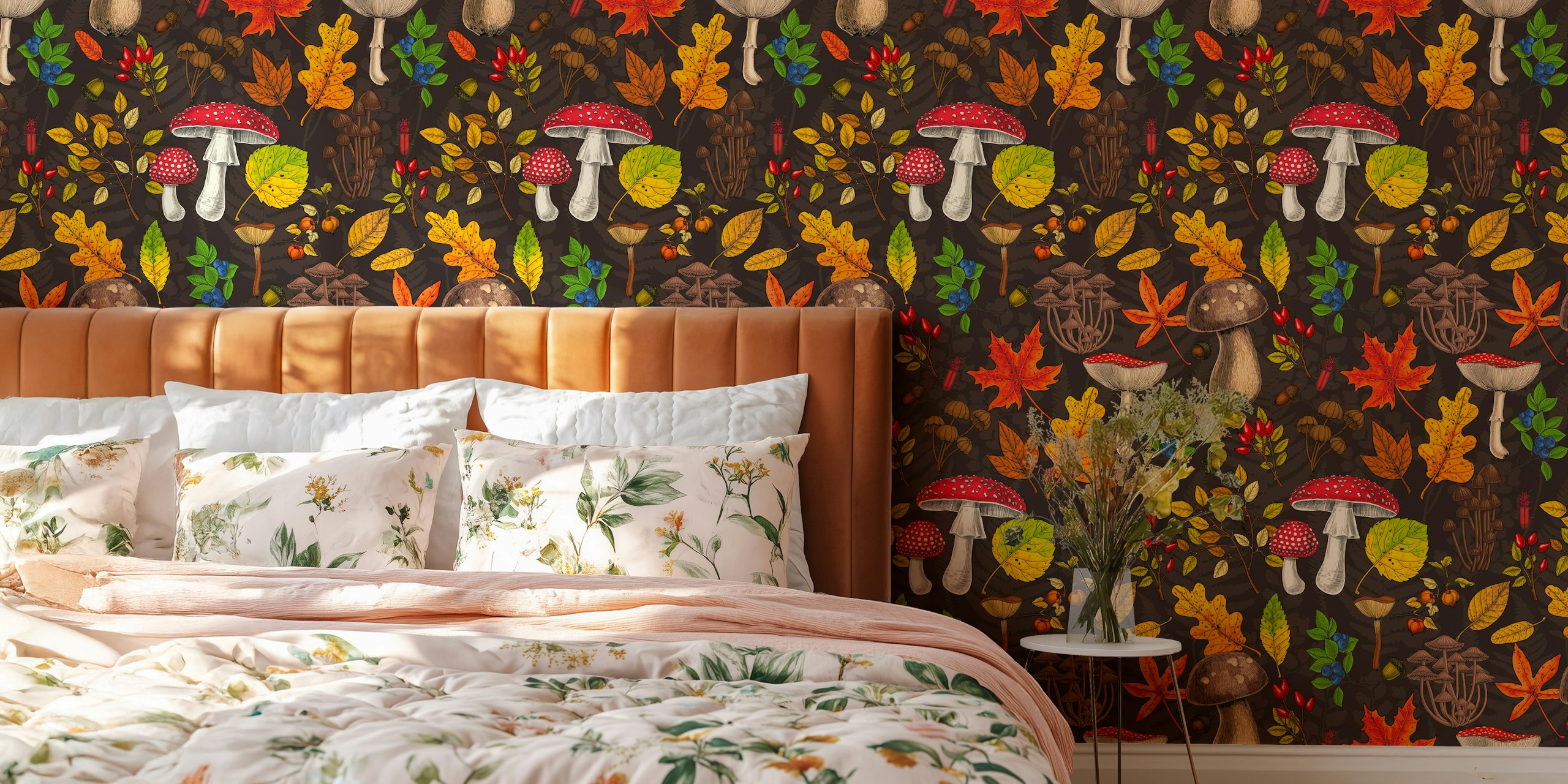 Autumn-themed wall mural with mushrooms, fallen leaves, nuts, and berries on a dark brown background