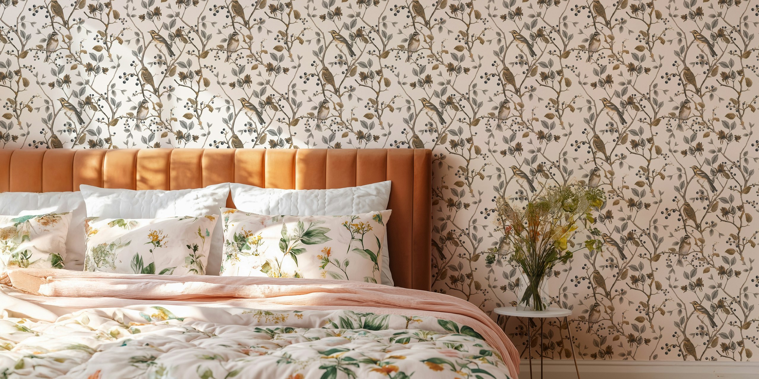 Nordic Chinoiserie Whispers Birds And Foliage Beige tapetdesign