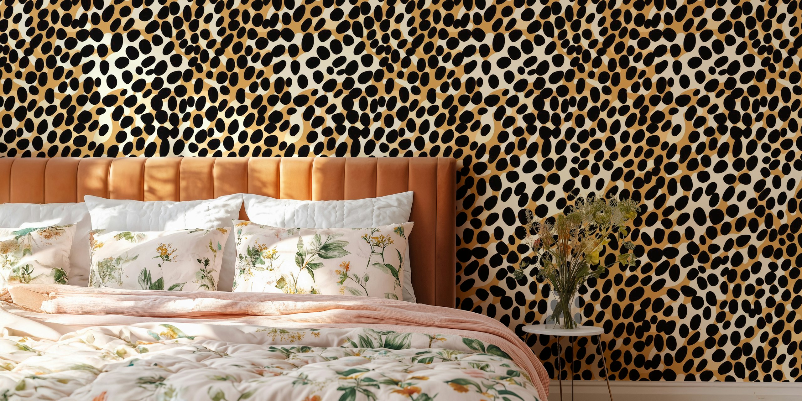 Leopard print design in black and gold on a white background wallpaper