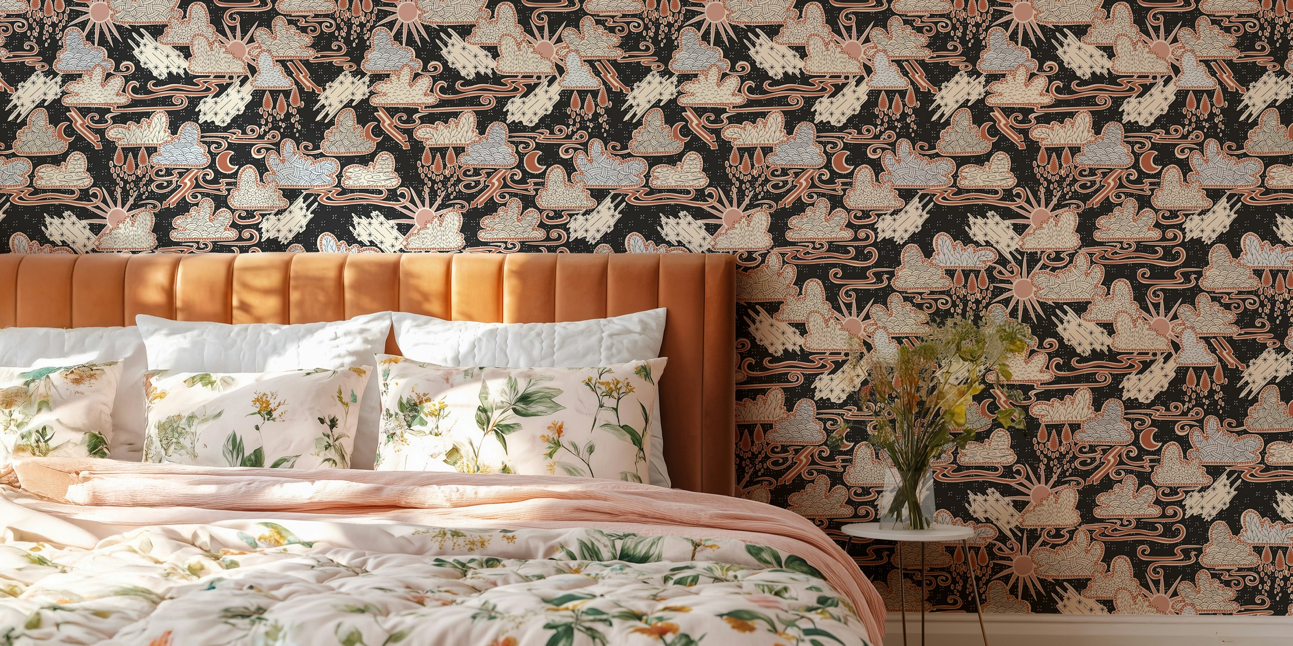 Whimsical clouds wallpaper in a room