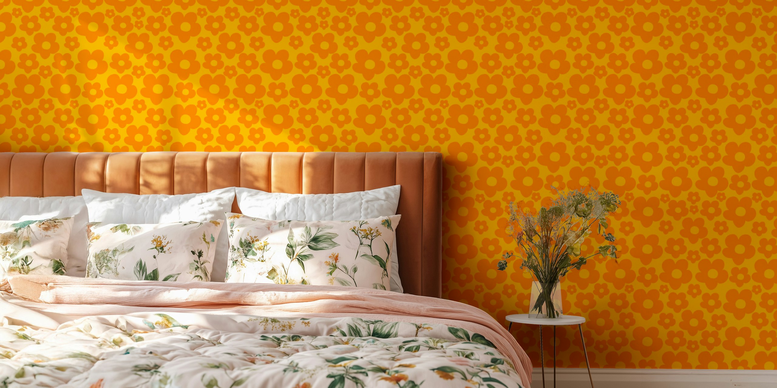 Retro floral pattern in orange and yellow wallpaper