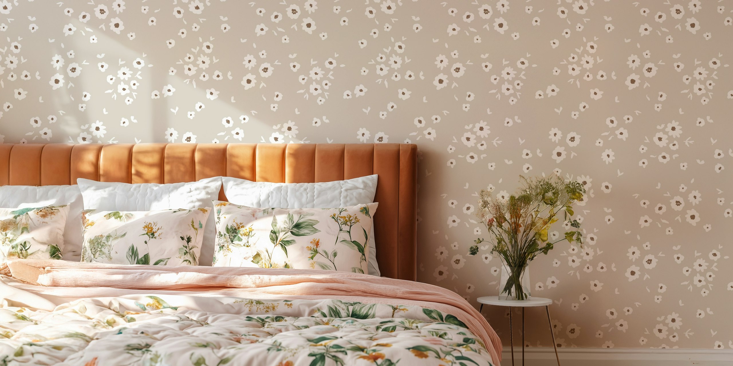 beige floral wallpaper with daisies and leaves