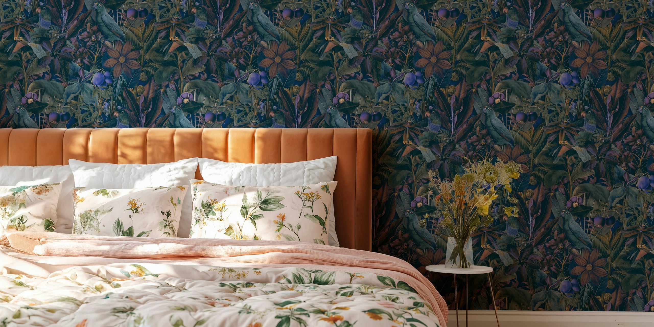 Mural de parede de selva tropical com pássaros exóticos e rica flora