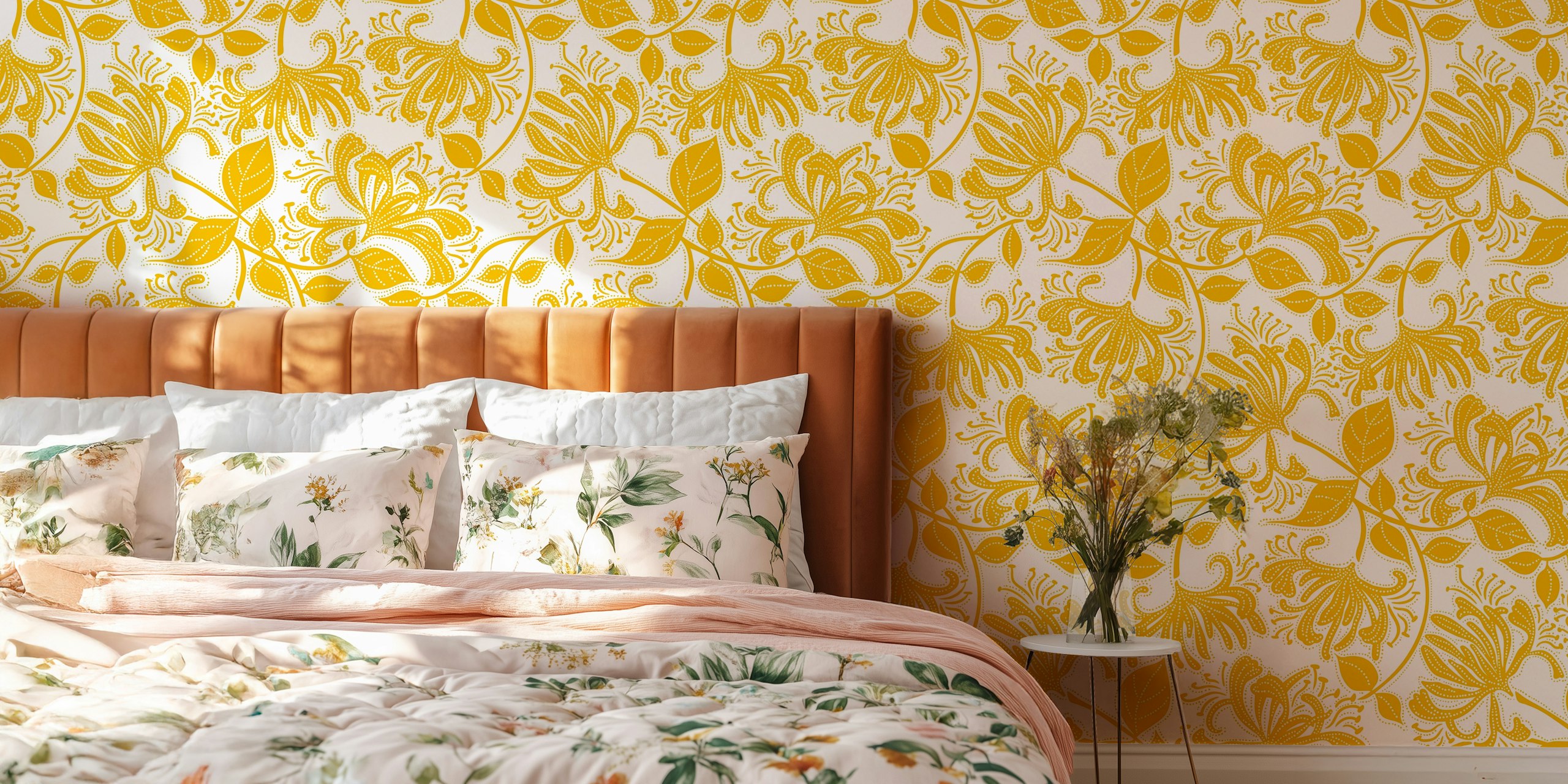 Honeysuckle stencil flowers wall mural in bumblebee yellow