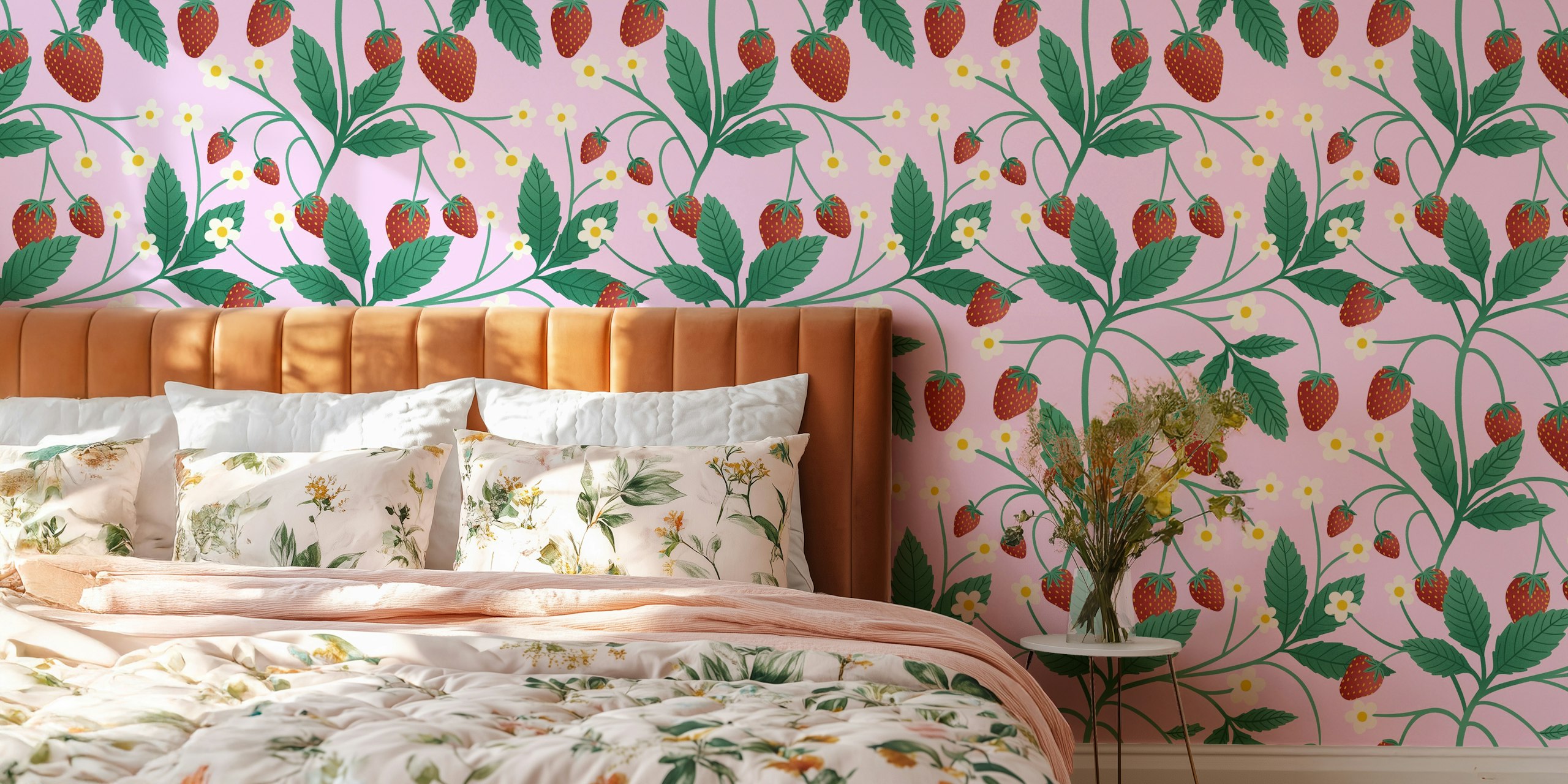 Behang met Strawberry on Pink-patroon in een kamer