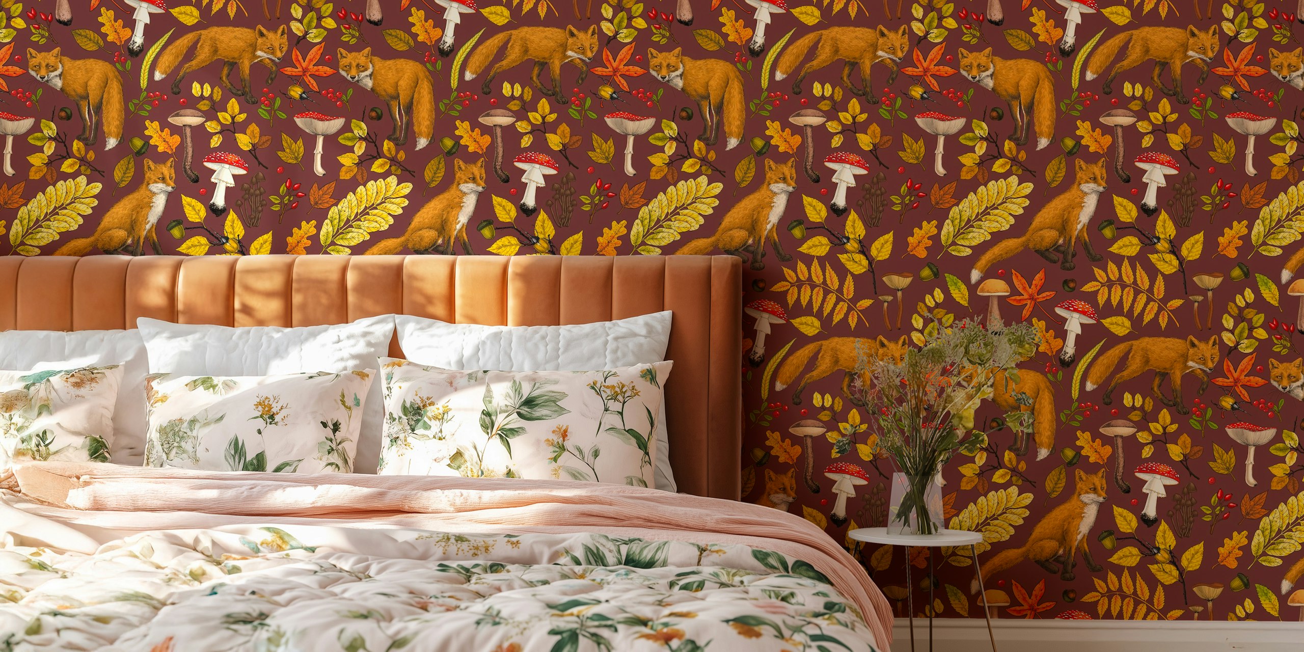 Foxes, mushrooms, and autumn leaves on chocolate brown wallpaper