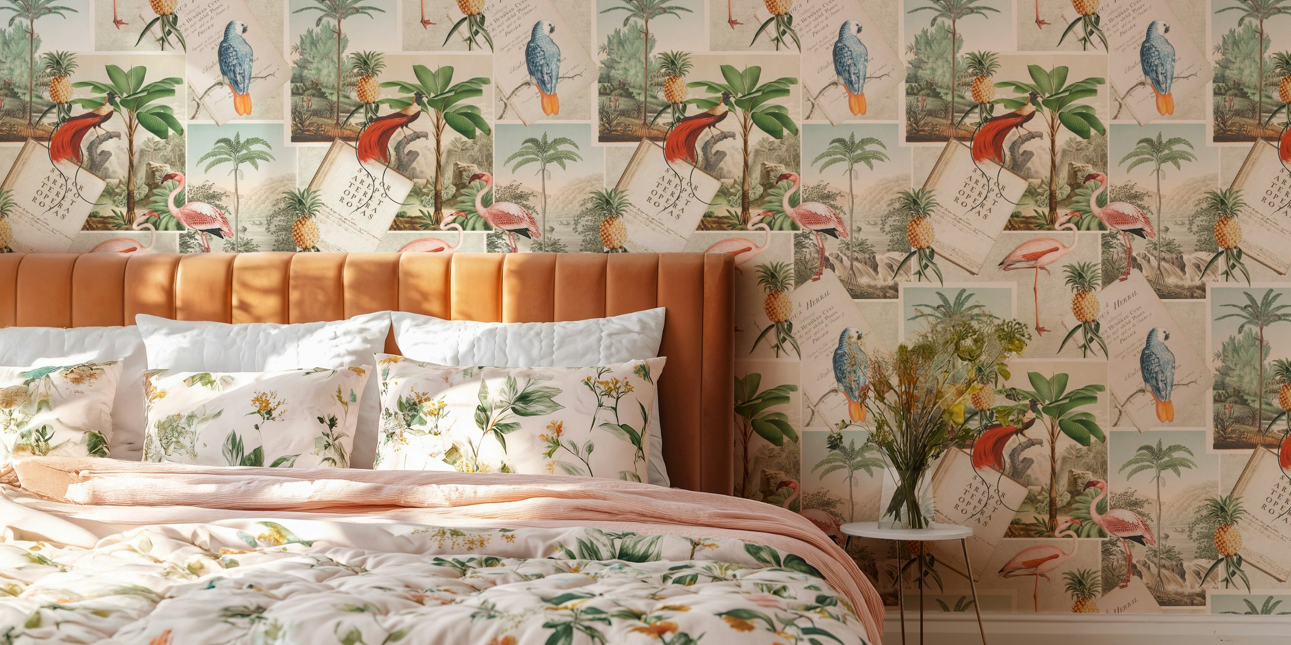 Vintage botanical collage wallpaper w pokoju