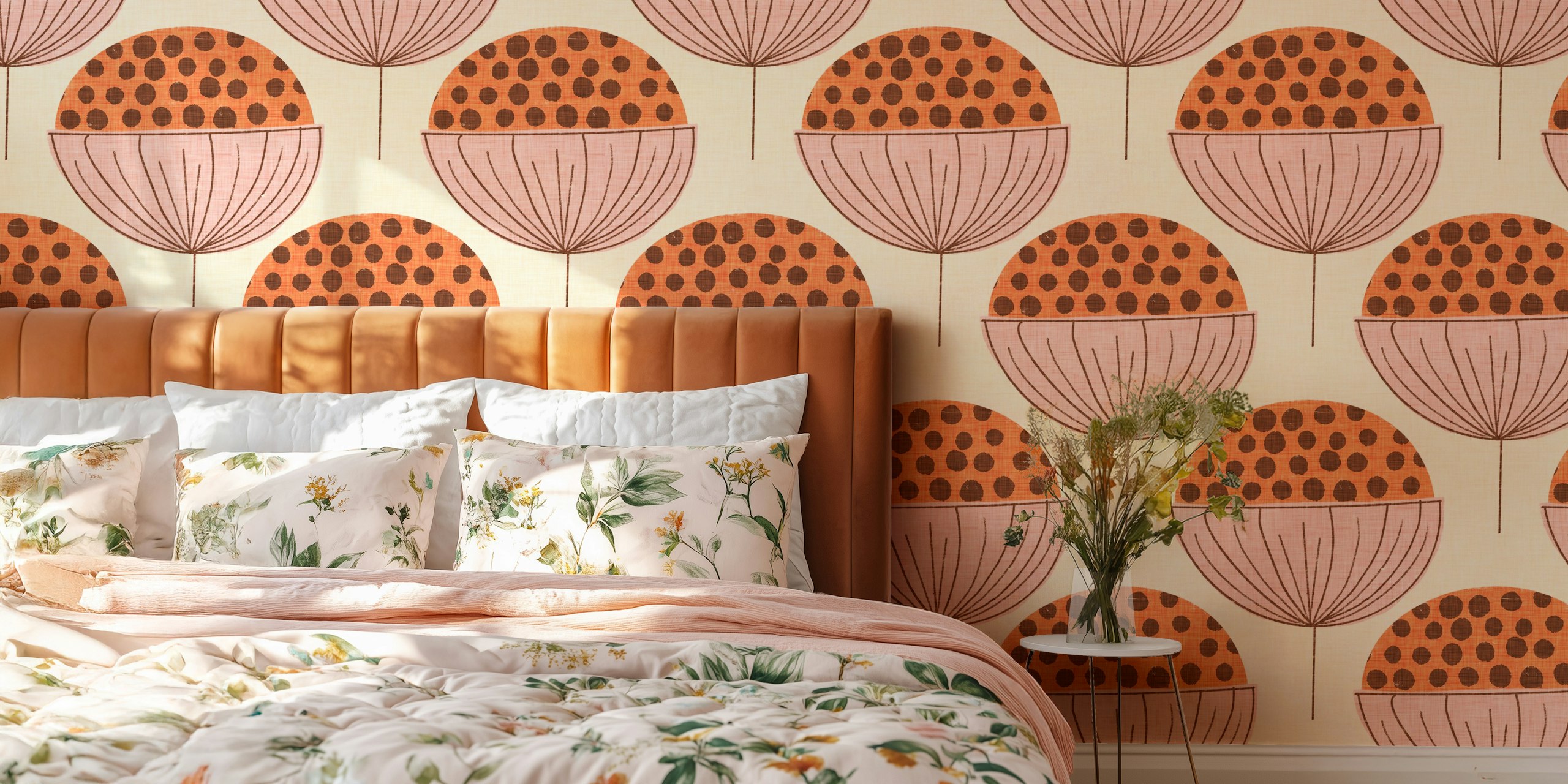 Mid Mod Buds Pearl wallpaper displayed in a room