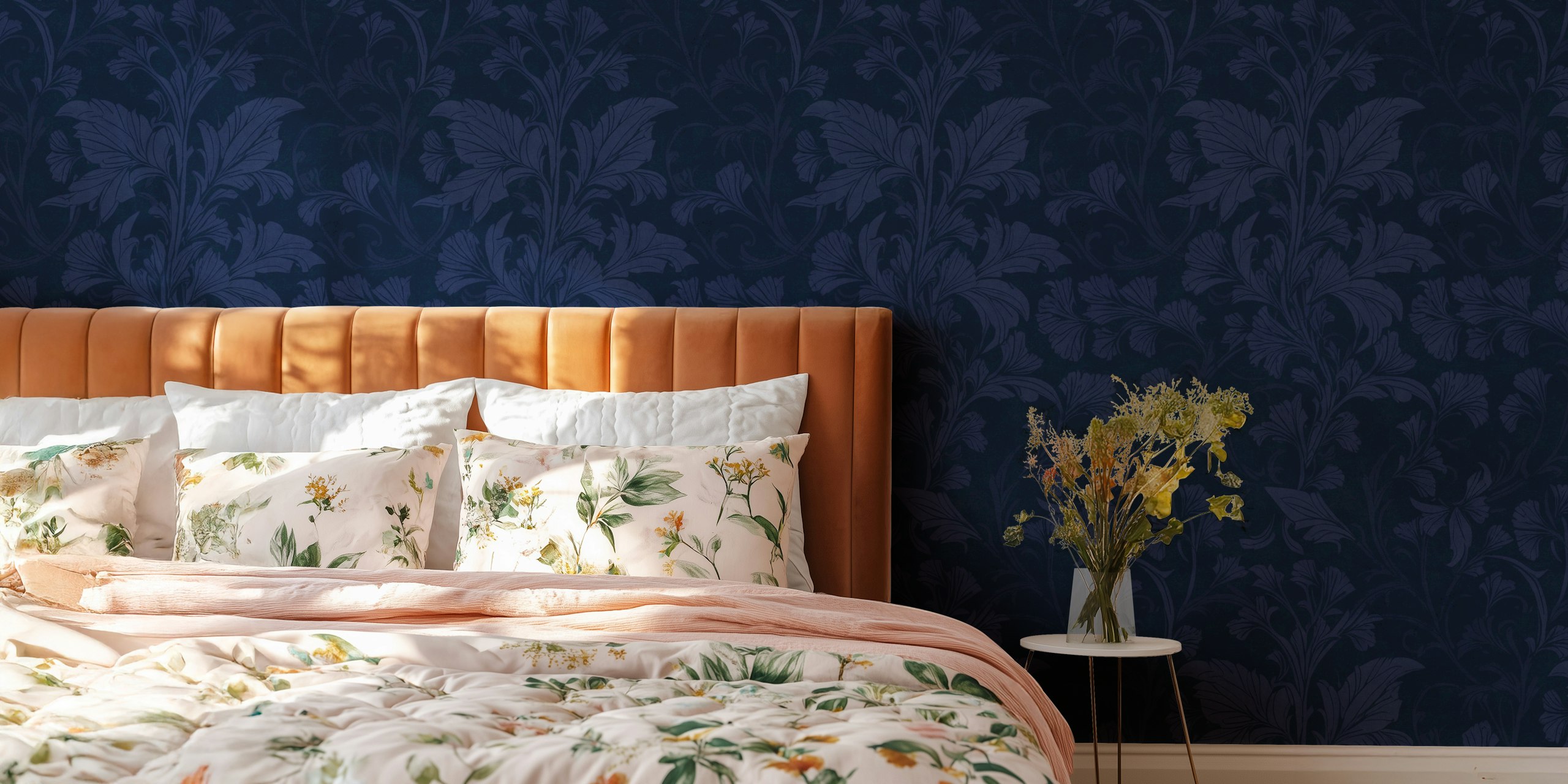 Ταπετσαρία damask σε βαθύ μπλε William Morris Style Monochrome Flourish σε ένα δωμάτιο