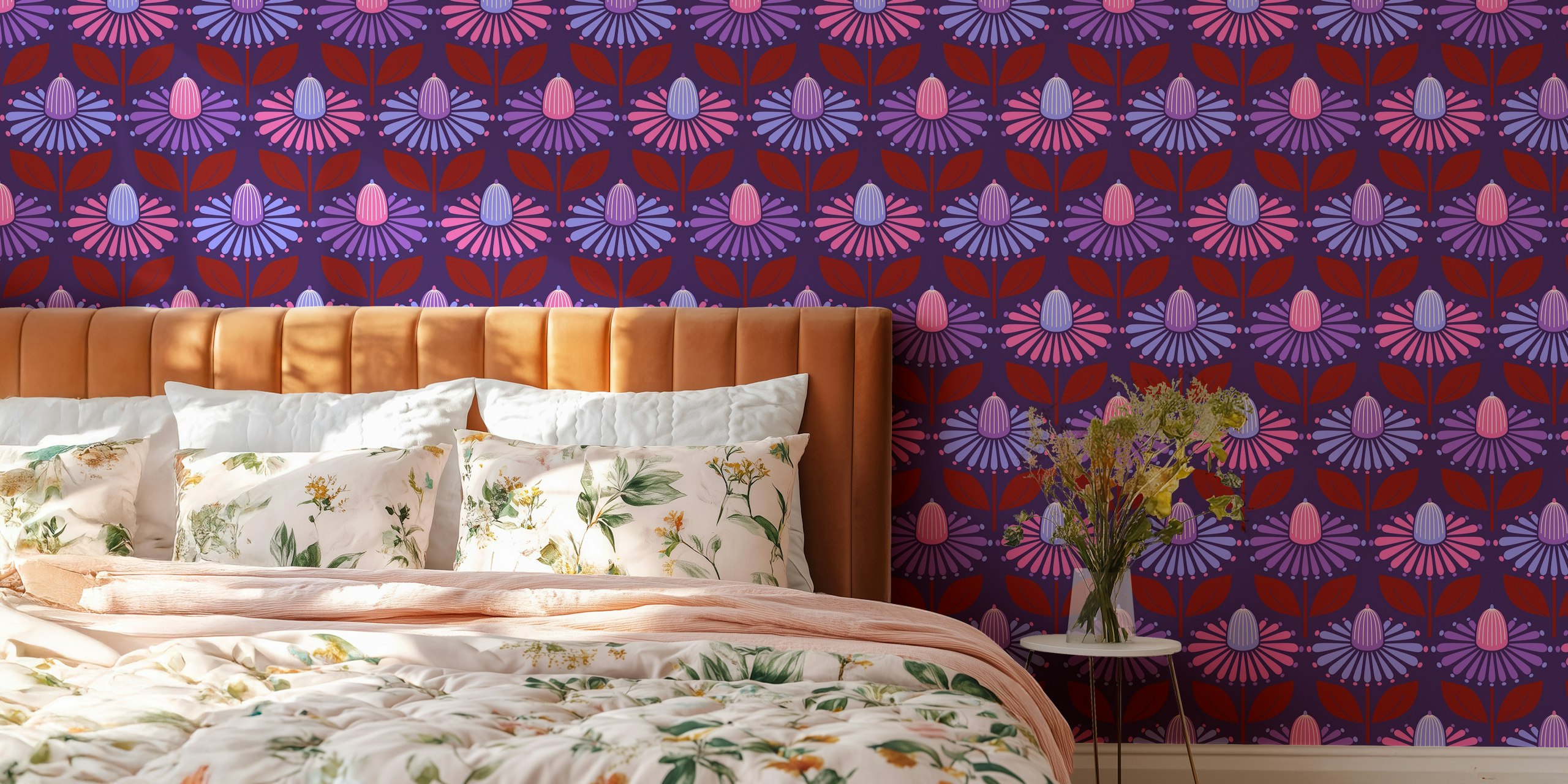 Fotomural Happy Retro Coneflowers Deep Purple con estampado floral estilizado
