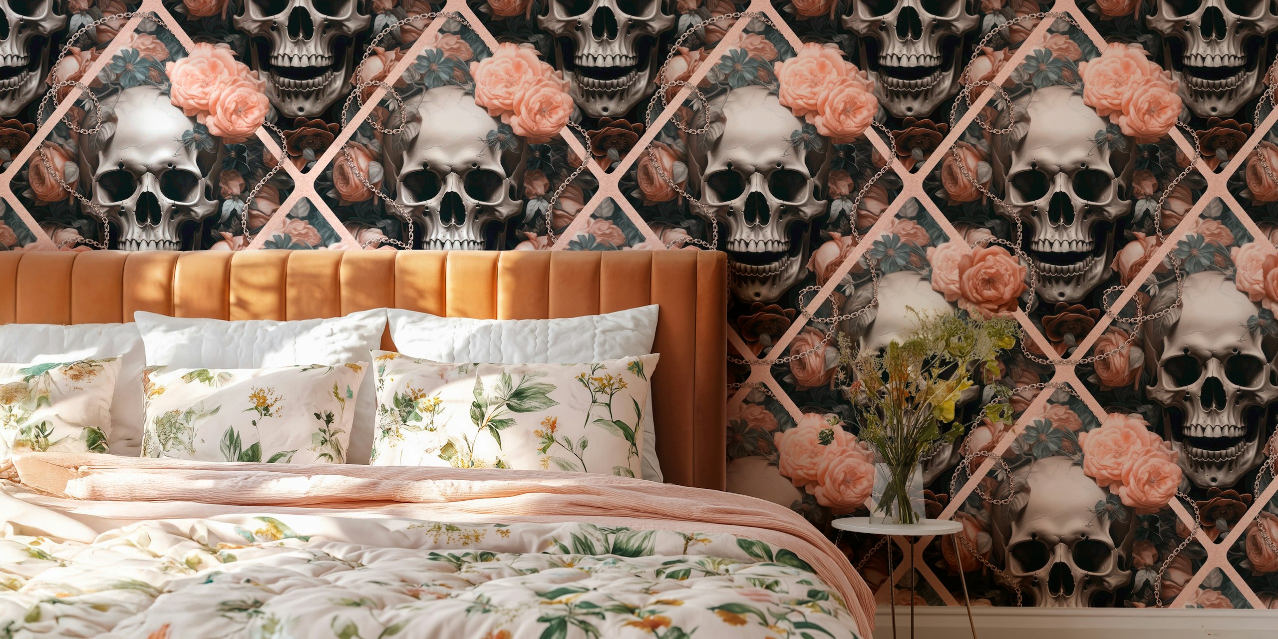 Gothic romance wall mural featuring a pattern of skulls and peach roses