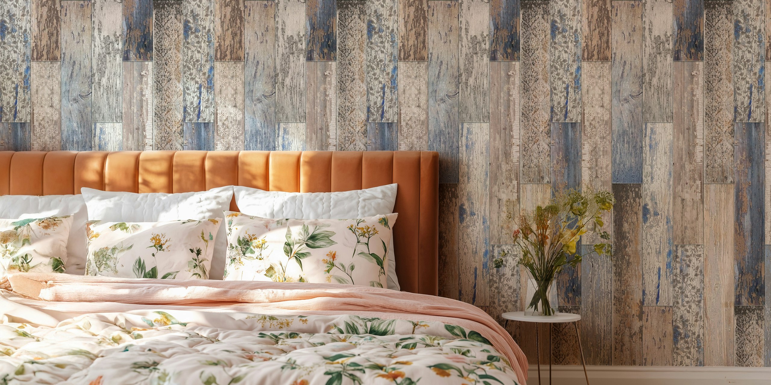 Vintage wood tiles pattern in blue and gray tones wallpaper
