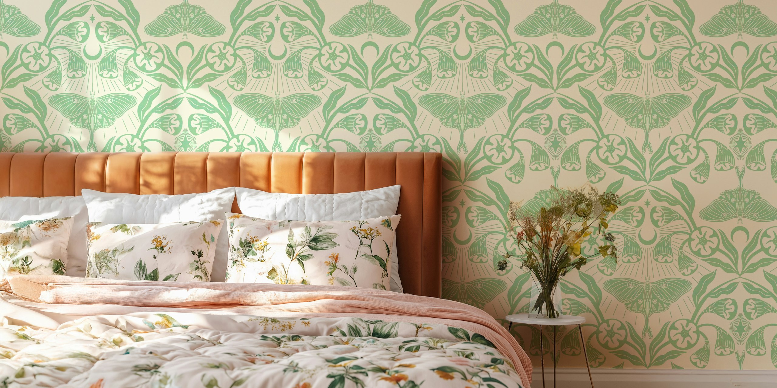 Luna moth and moonflowers in green floral wallpaper