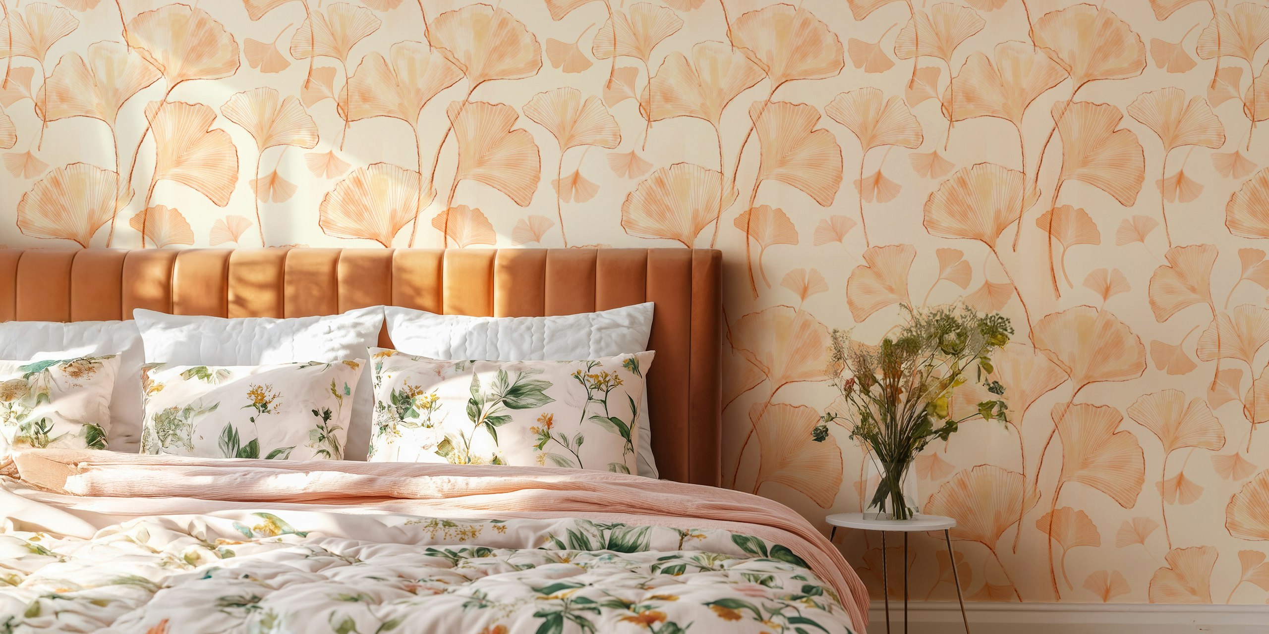 Peach ginkgo leaves in delicate design wallpaper