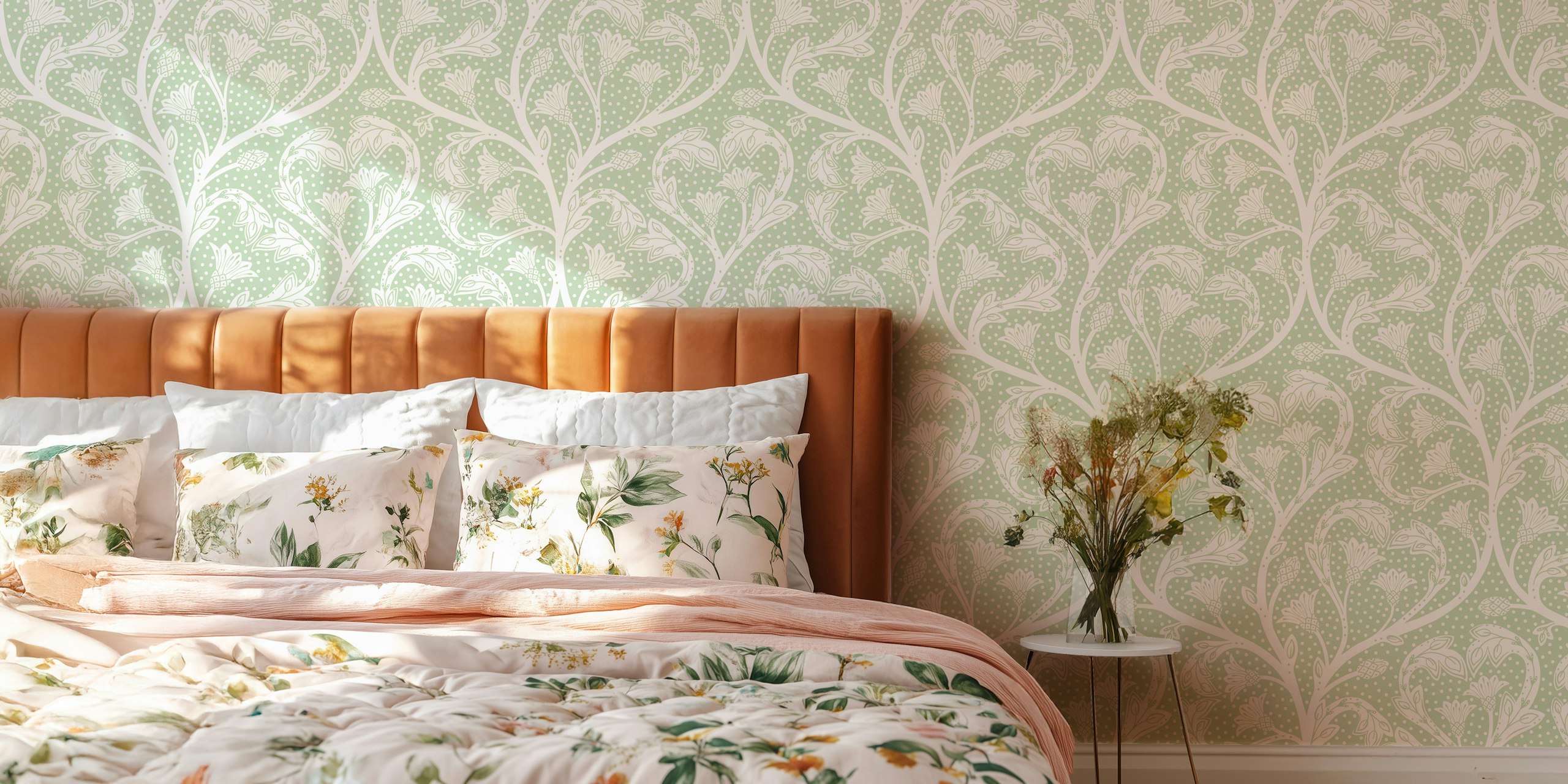 Victorian-style dandelion and heart pattern wall mural in sage green