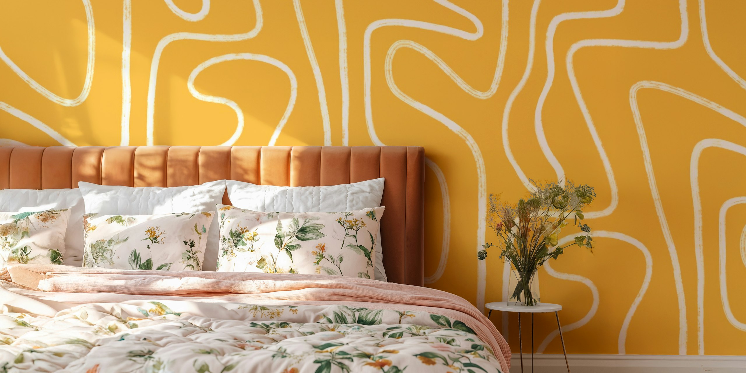 Curvy white line patterns on a sunny yellow background wallpaper