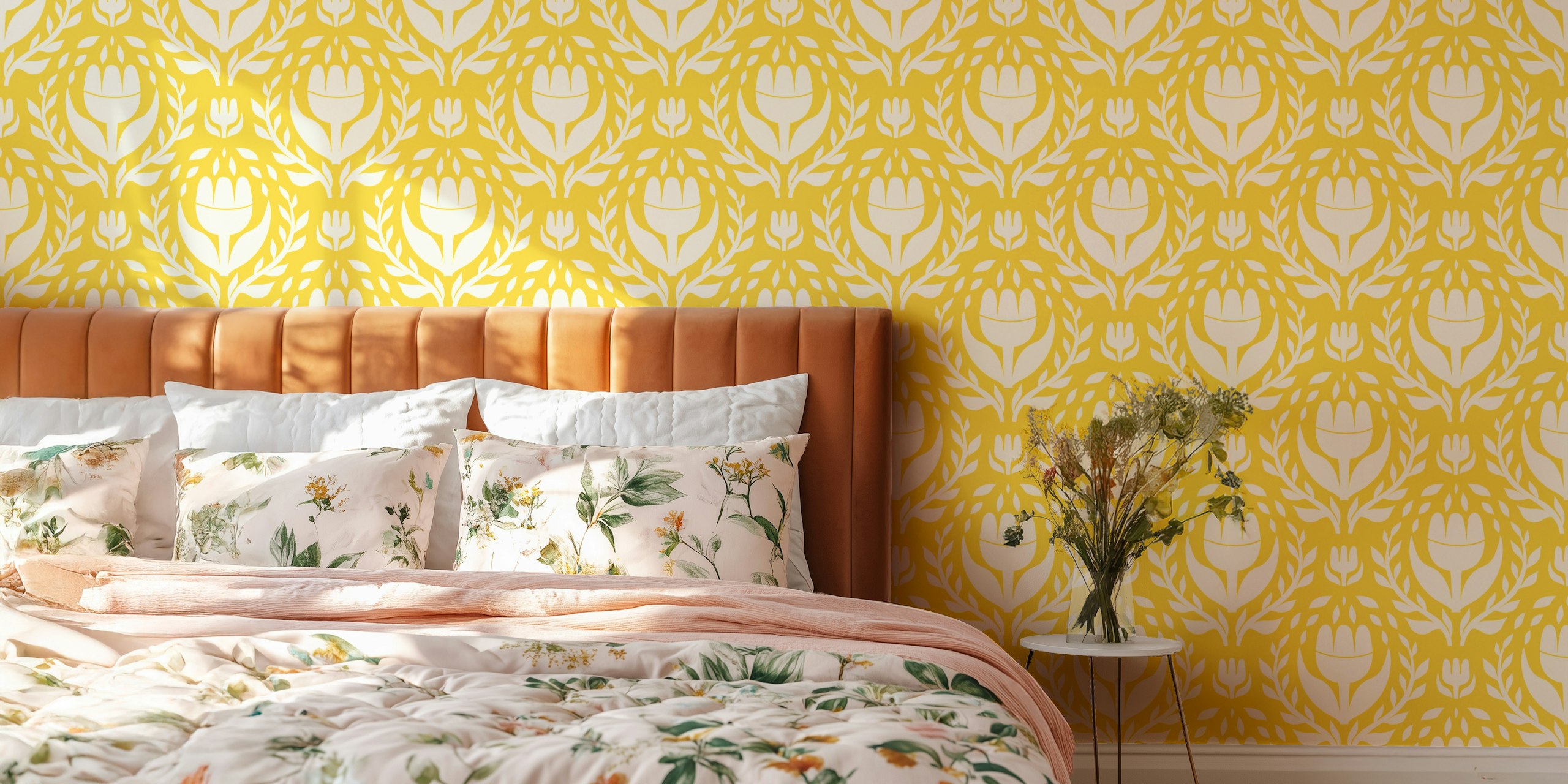 Bold white floral wallpaper on yellow background