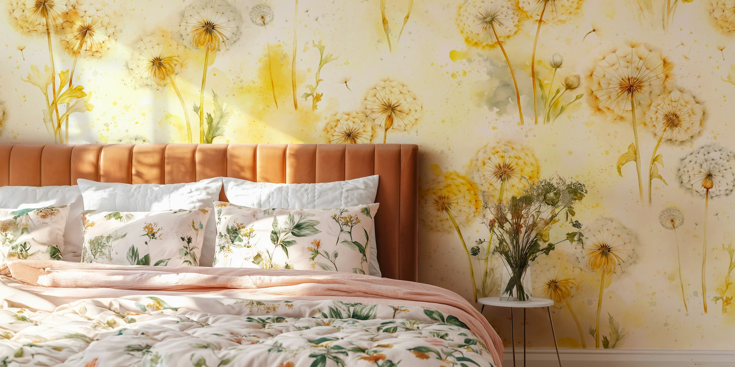 Dandelion wall mural with yellow and beige tones on happywall.com