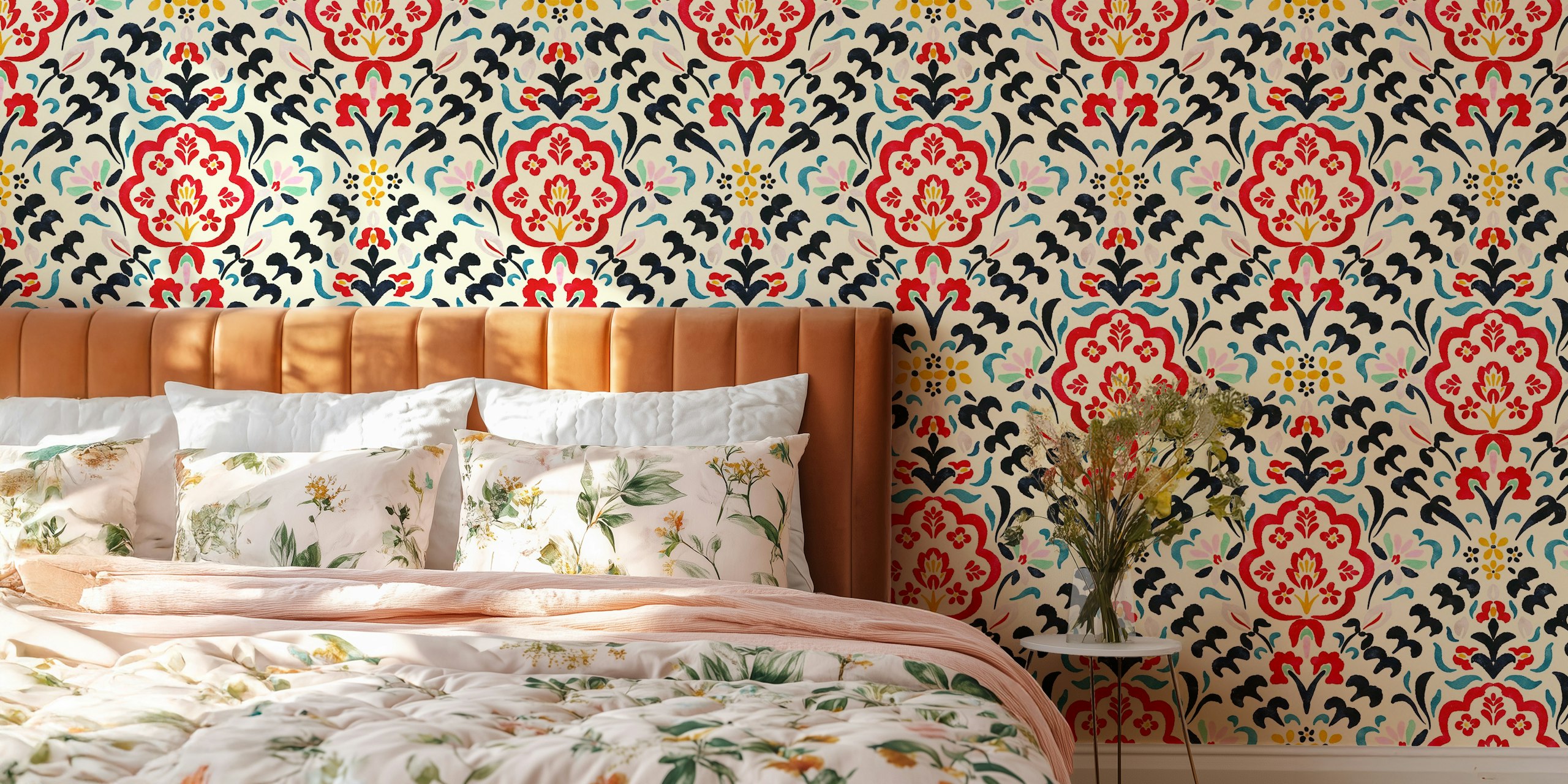 Multicolored floral patterns in red, blue, and gold on cream wallpaper