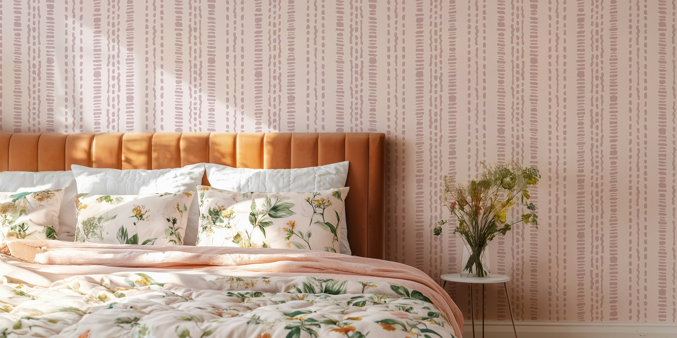 Vertical striped pale rose and mauve boho wallpaper