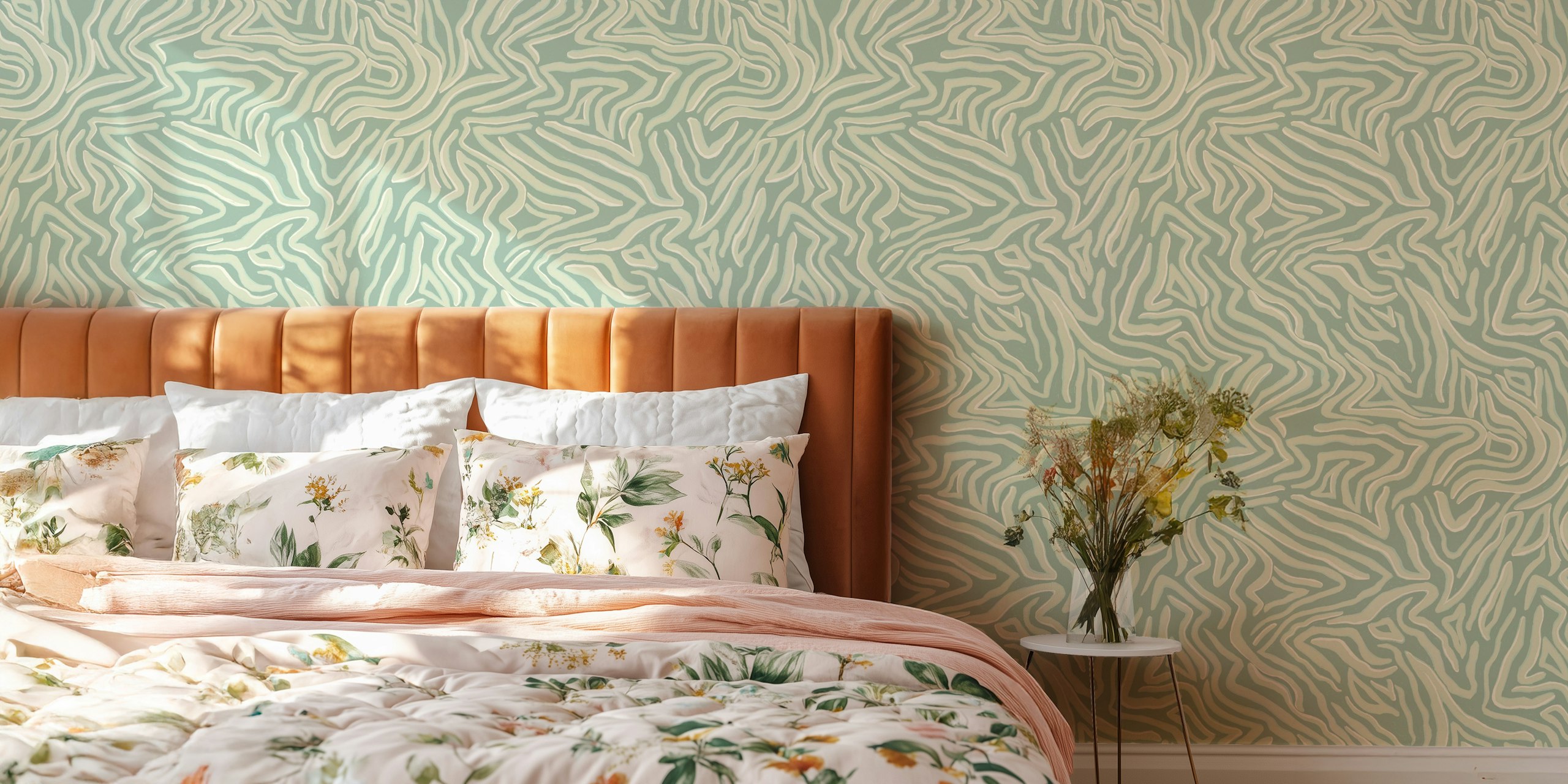 Abstract flowing lines in tonal safari green wallpaper