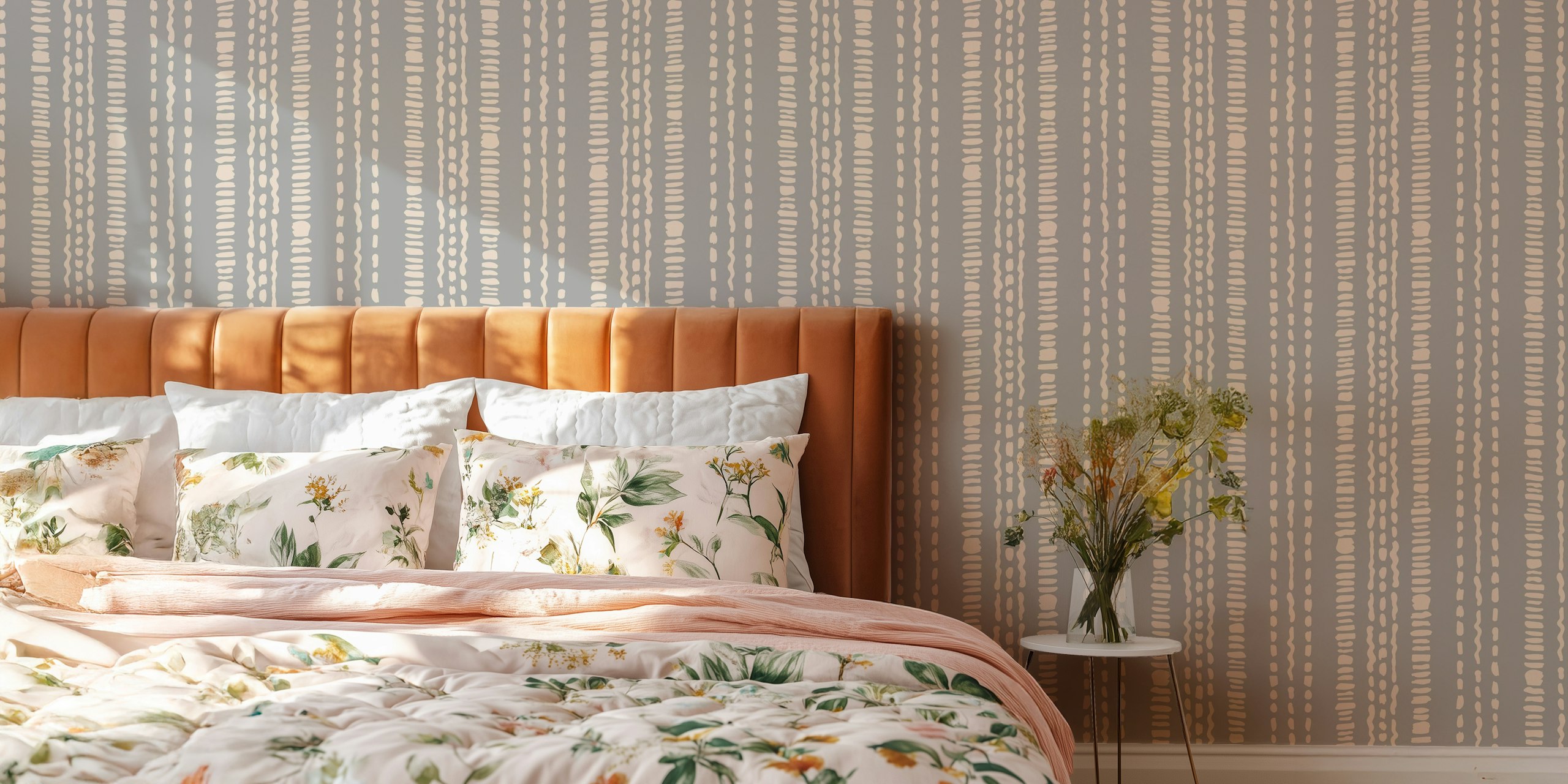 Boho stripe neutral grey beige tapet i ett rum