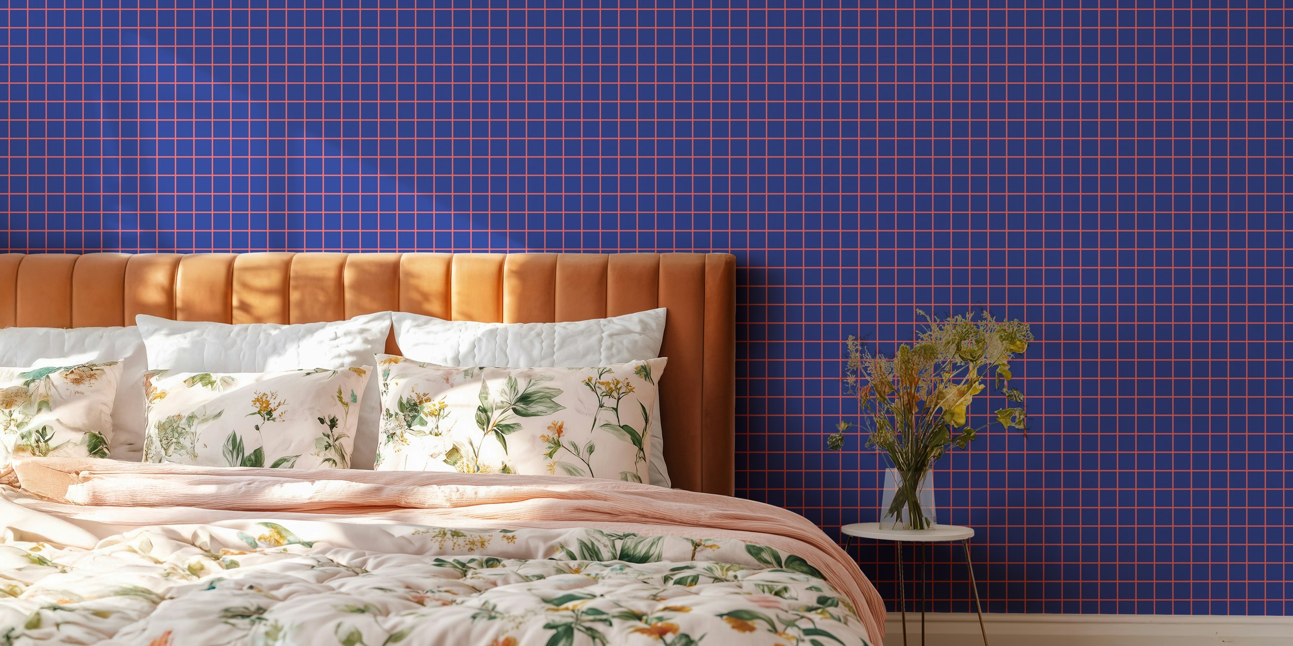 Geometric grid pattern wallpaper in navy blue and coral colors.
