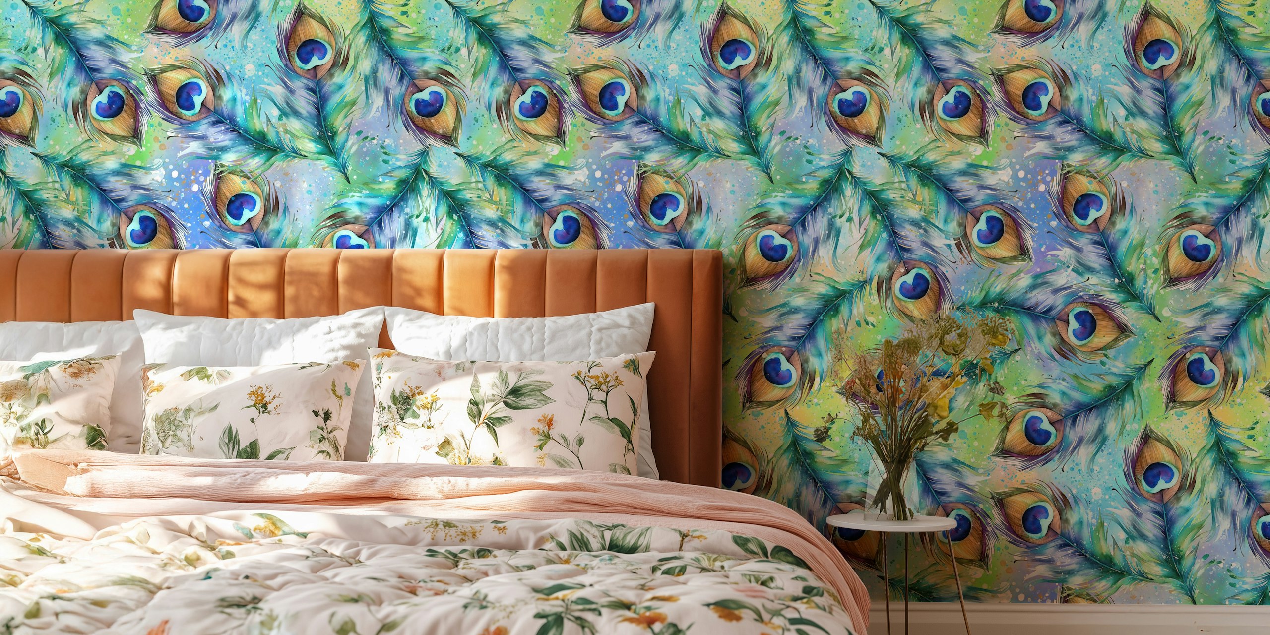 Peacock feather pattern in blue, green, and gold colors wallpaper
