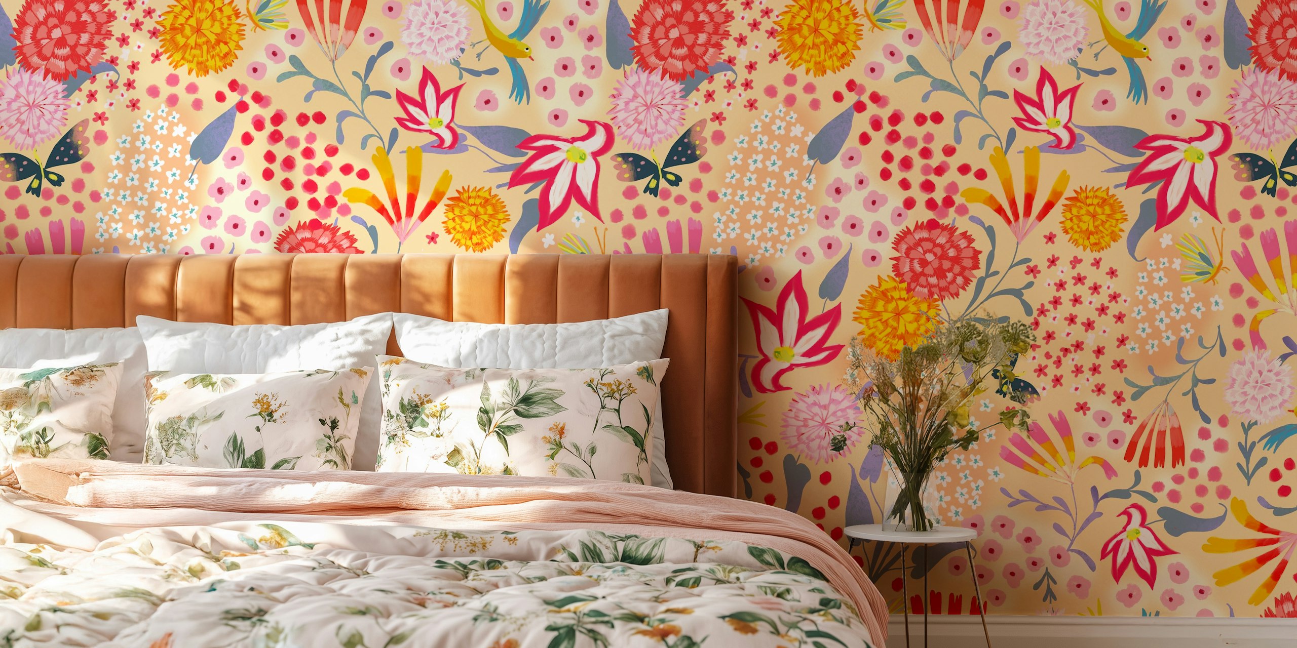 Vibrant floral wall mural with assorted ditsy flowers and foliage on peach background
