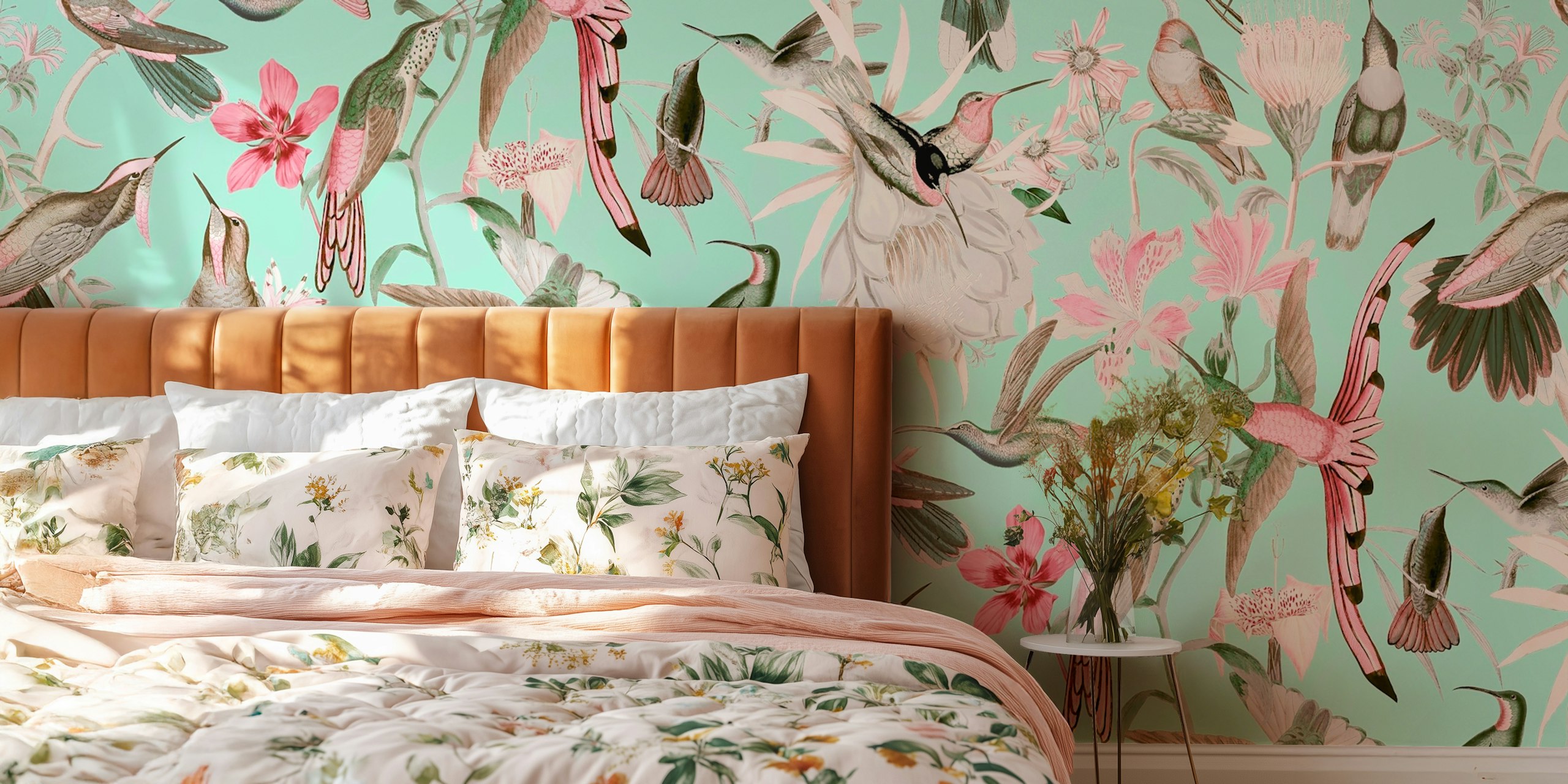 Tropical hummingbird flowers wallpaper in a room