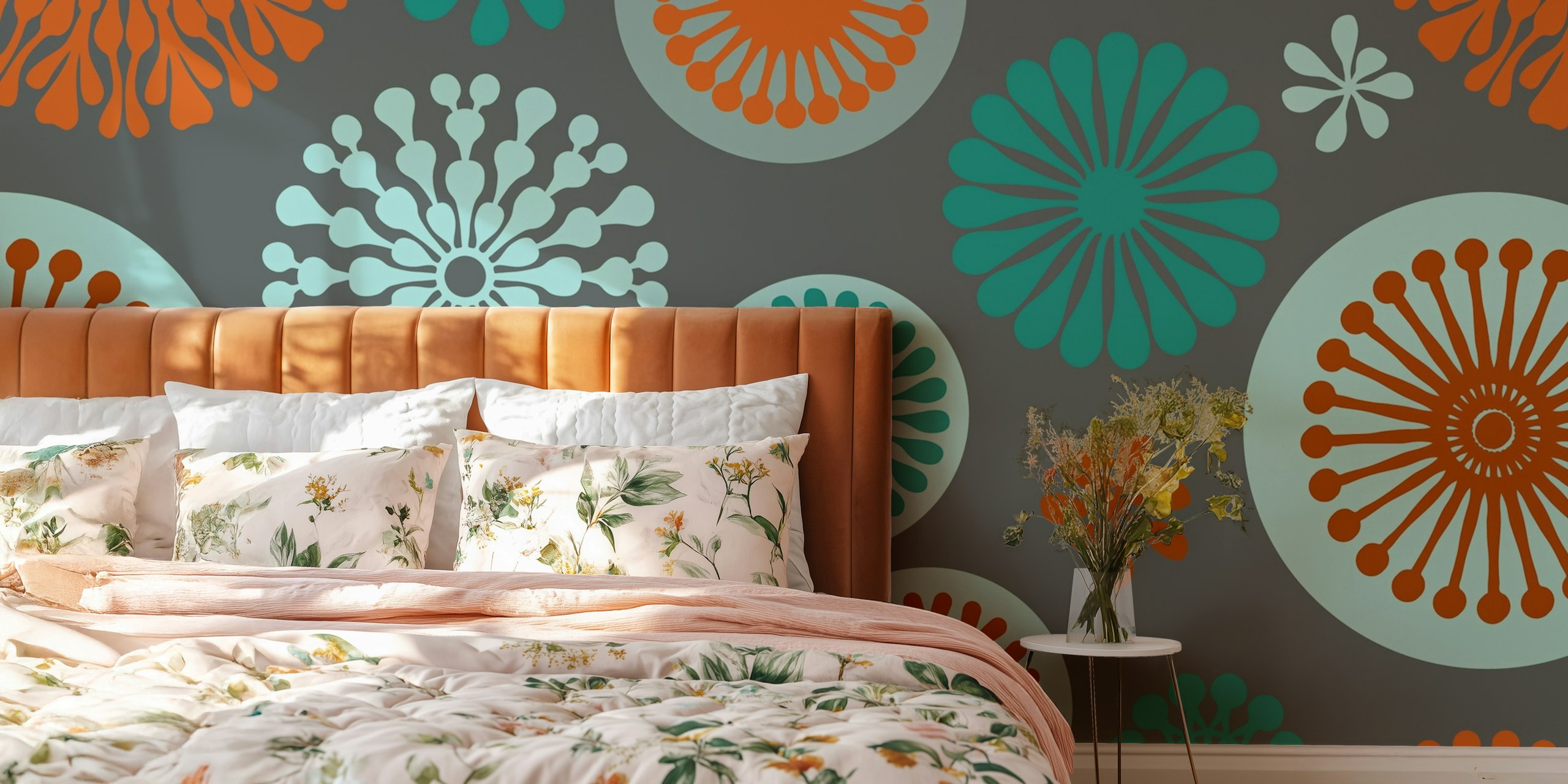 Retro vibe stylized flowers wallpaper in a room