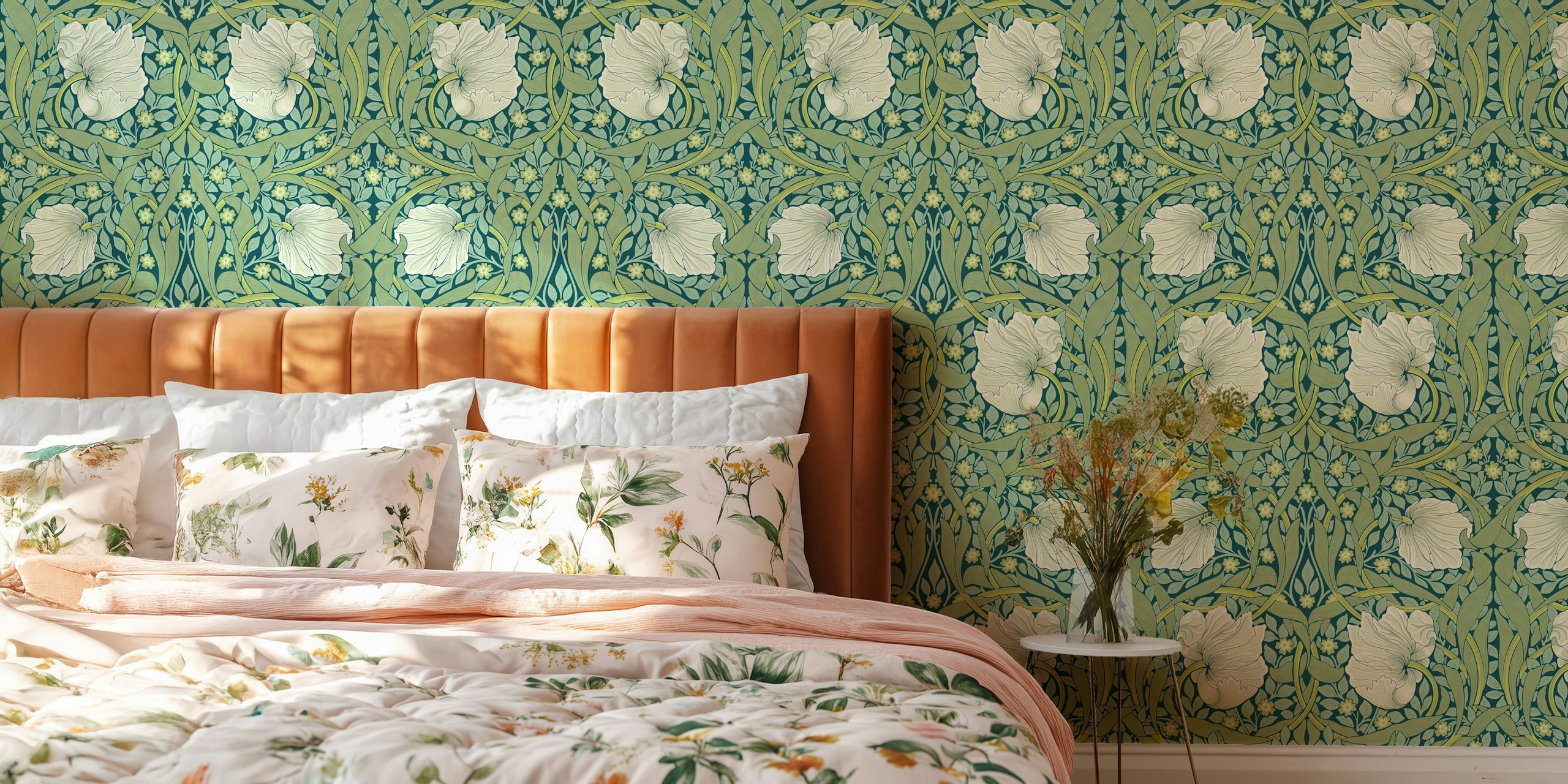 Floral wallpaper featuring white flowers and green leaves on teal background in Victorian style.