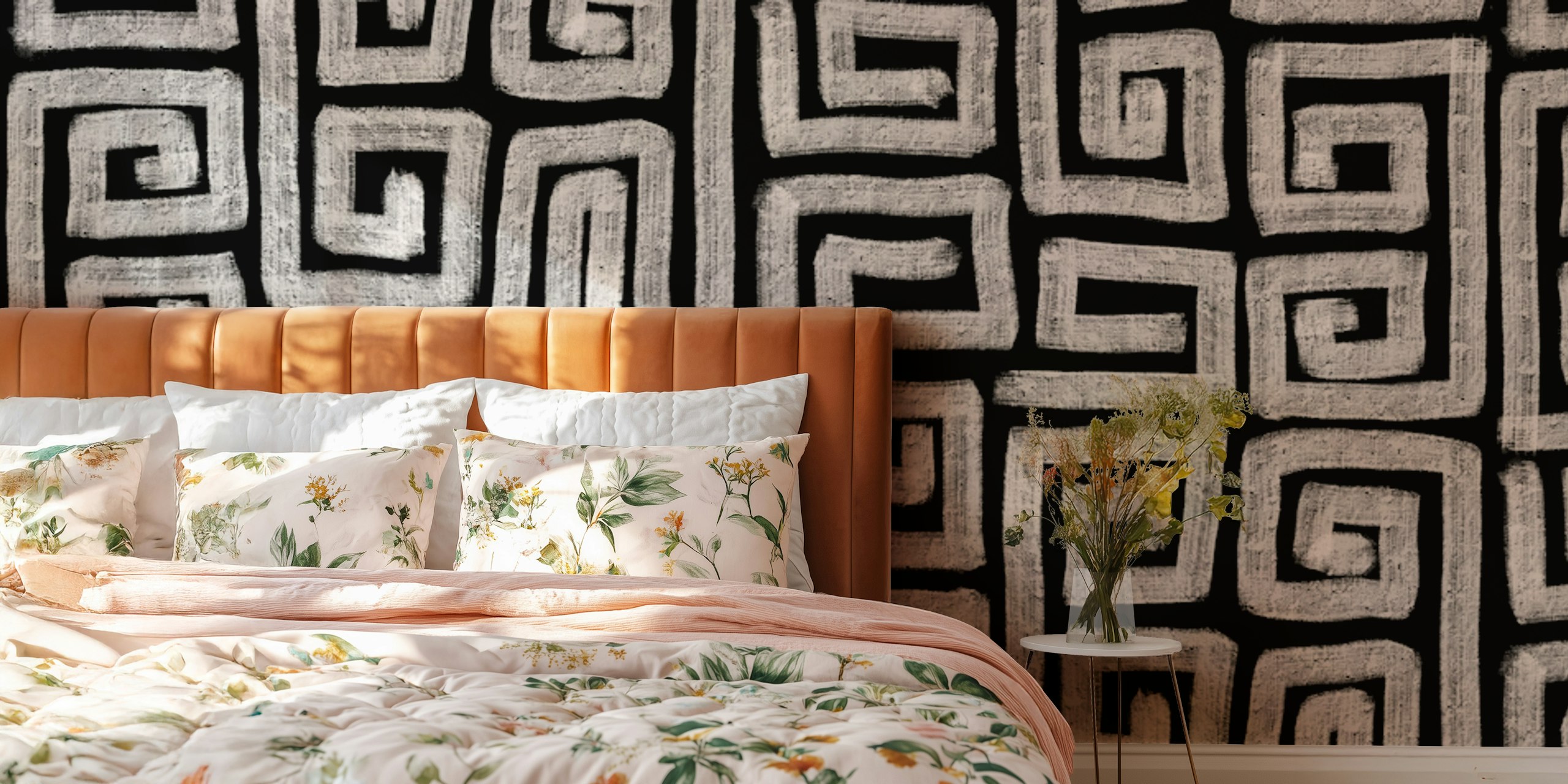 Geometric black and white patterns in Greek style wallpaper