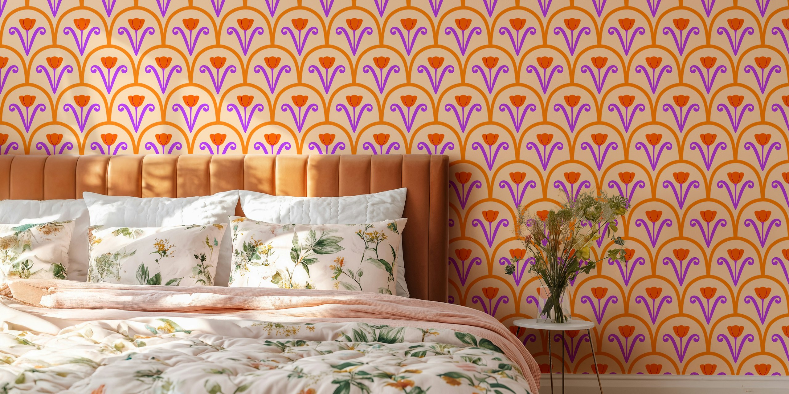 Colorful tulip pattern in peach and purple wallpaper