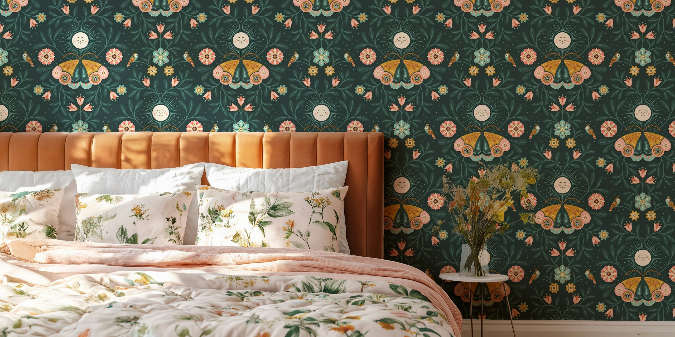 Lunar Moth floral design with pink flowers and green leaves wallpaper