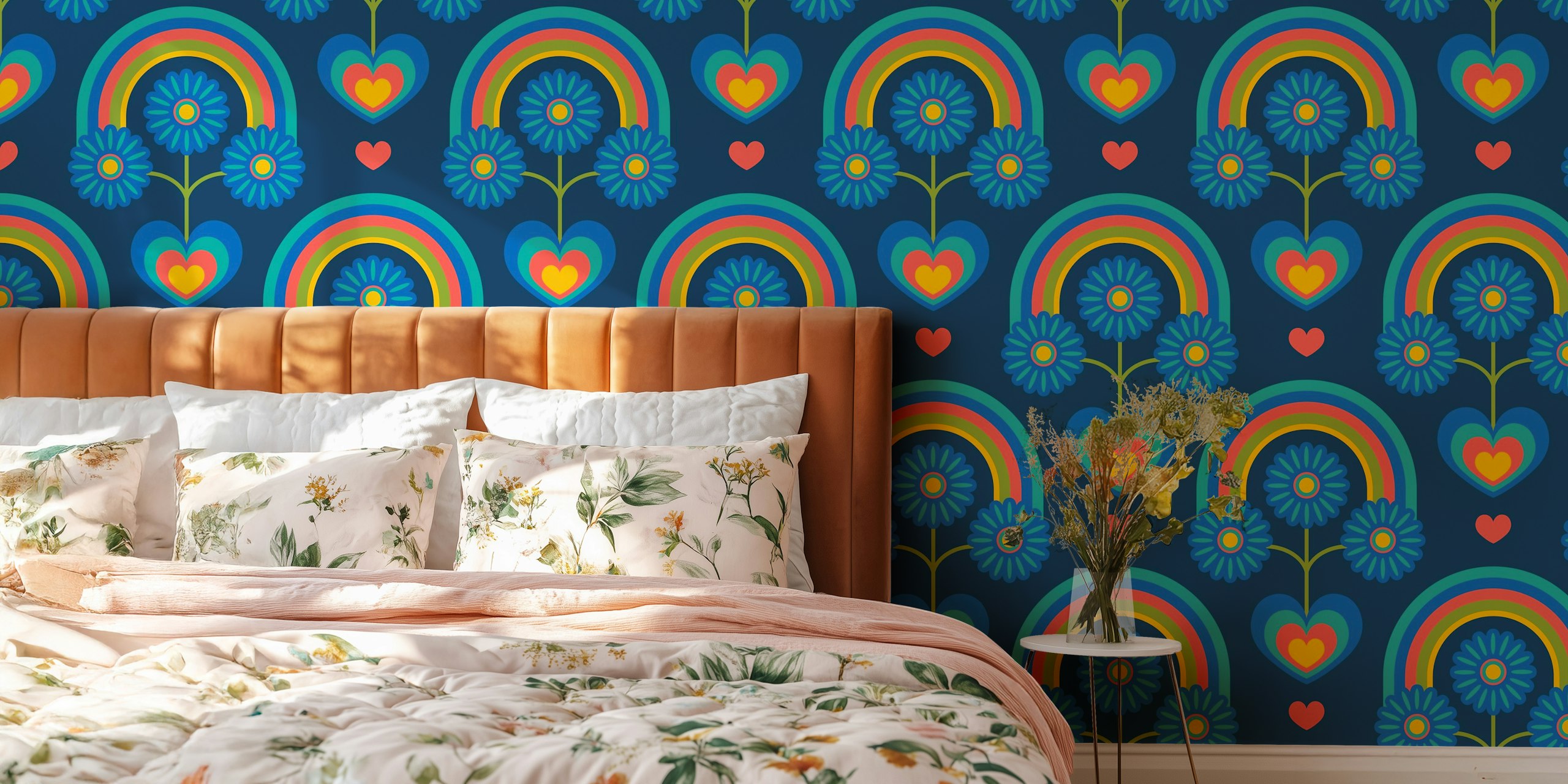 Colorful floral and rainbow patterns in blue, green, and red wallpaper