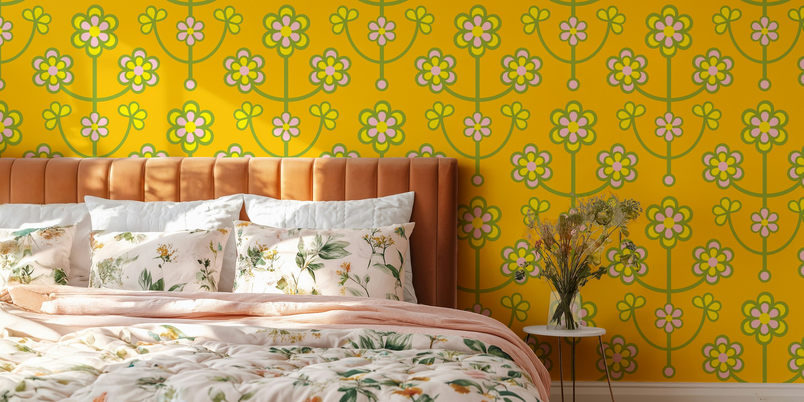 Yellow floral wallpaper design in a room
