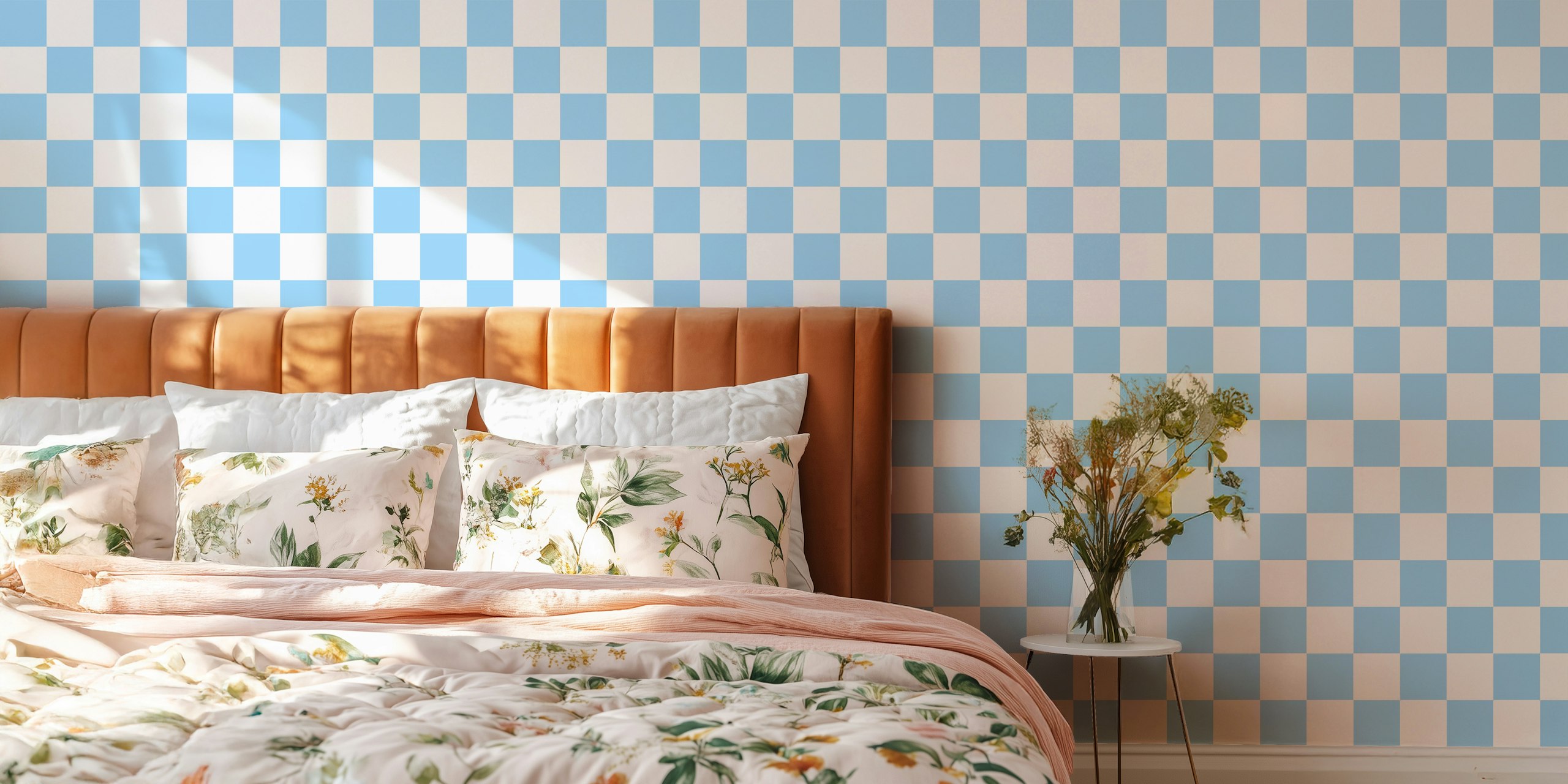 Checkered pattern in light blue and white wallpaper