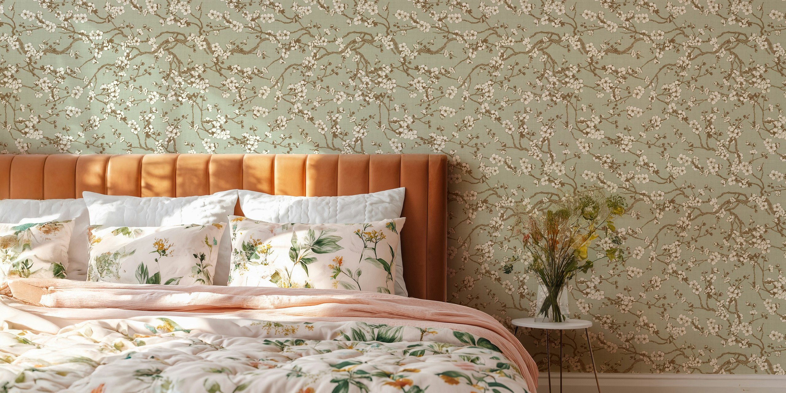 Floral branches with white blossoms on pastel green background wallpaper