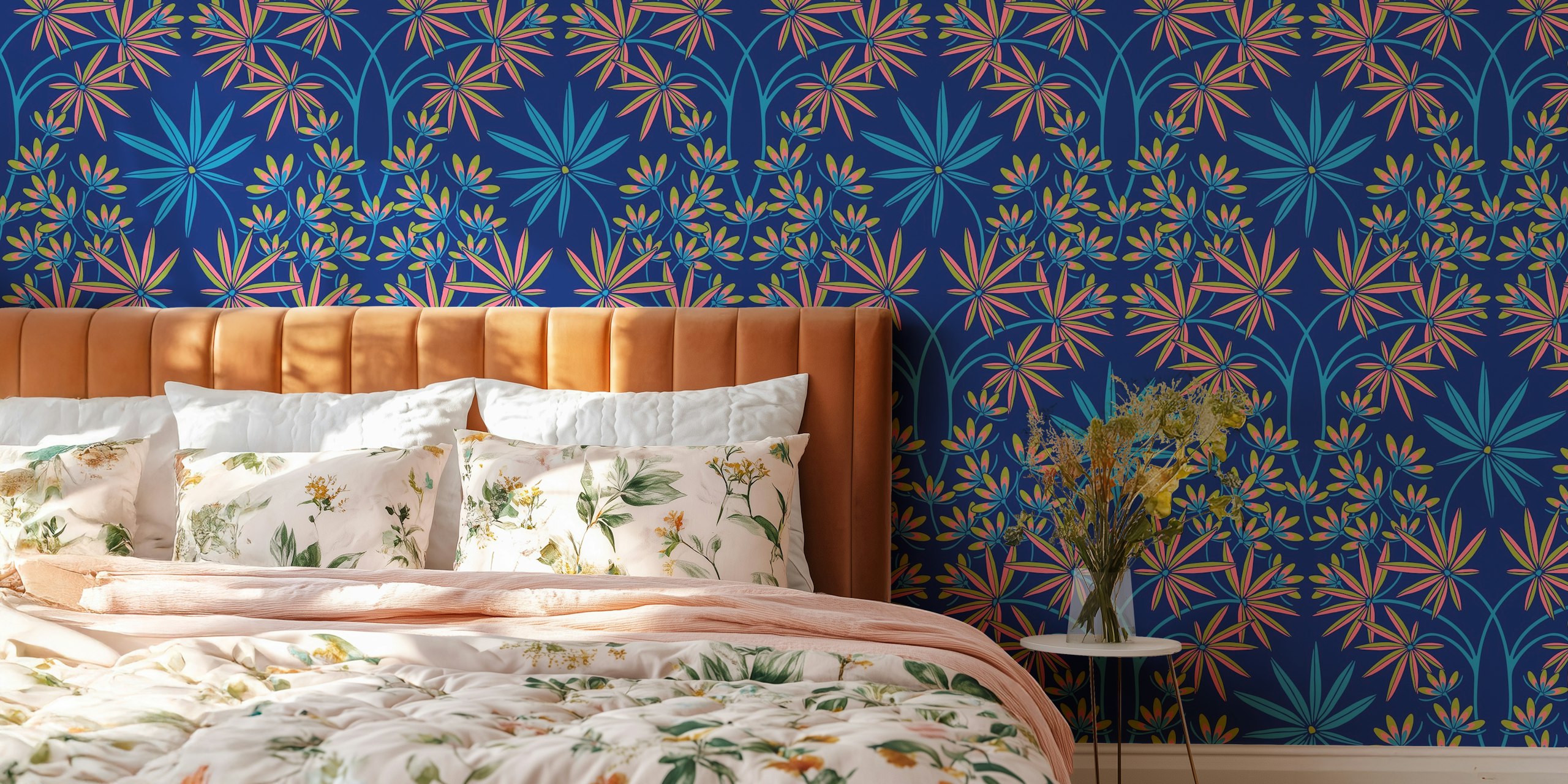 Elegant floral damask wall mural in royal blue with vibrant floral patterns