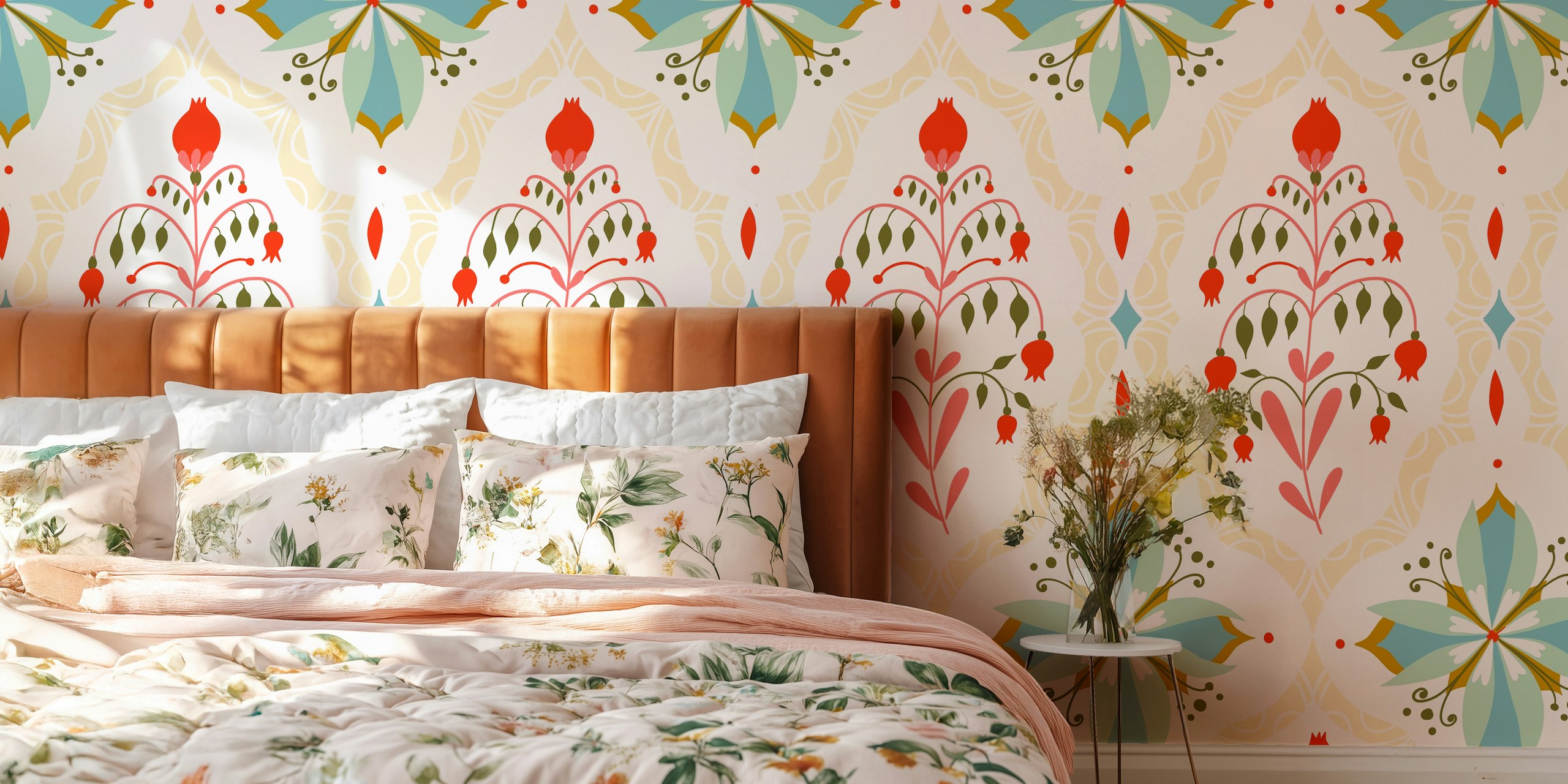 Colorful floral damask pattern wallpaper in shades of red and green