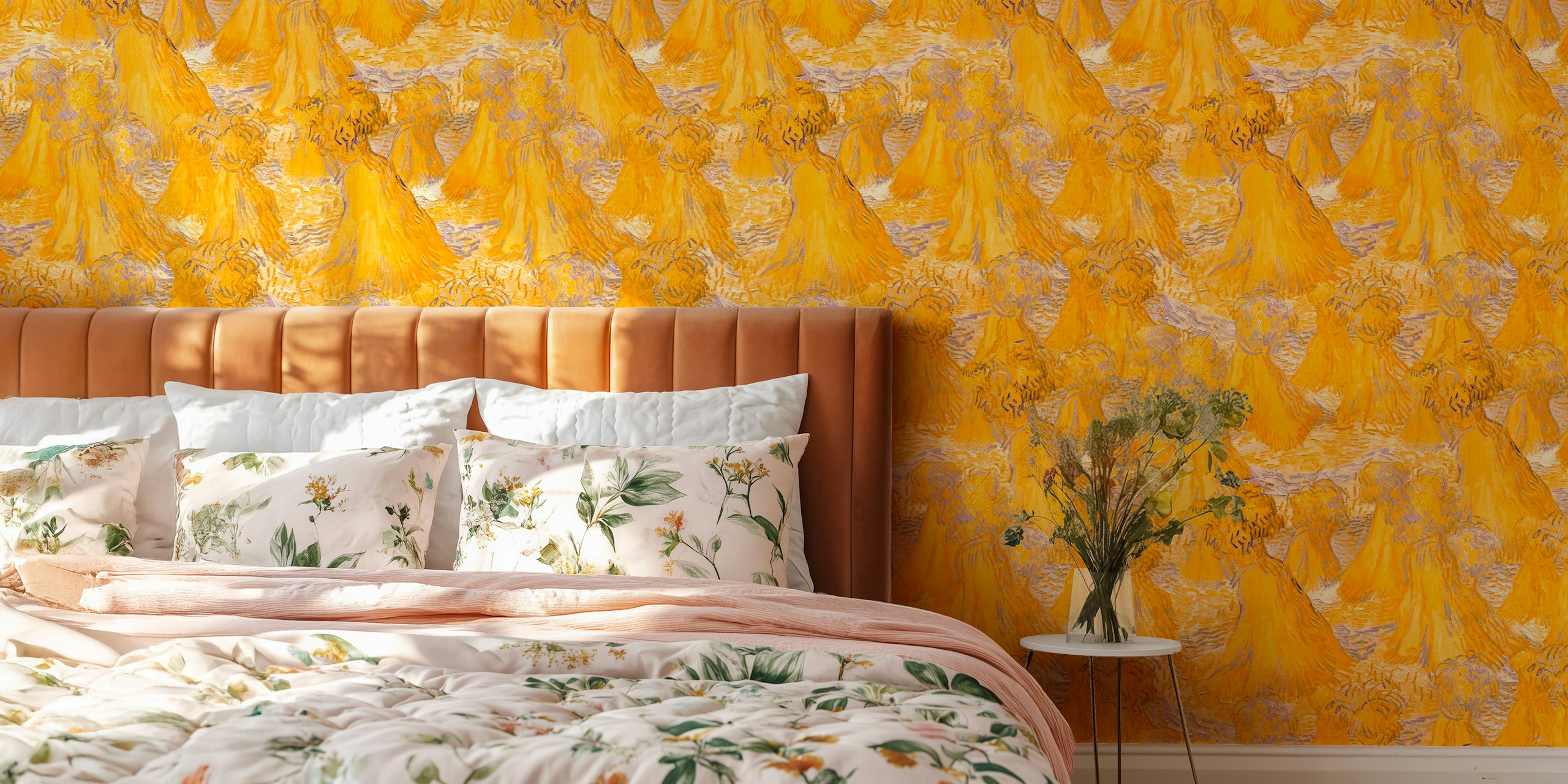 Yellow wheat sheaves pattern with purple highlights wallpaper