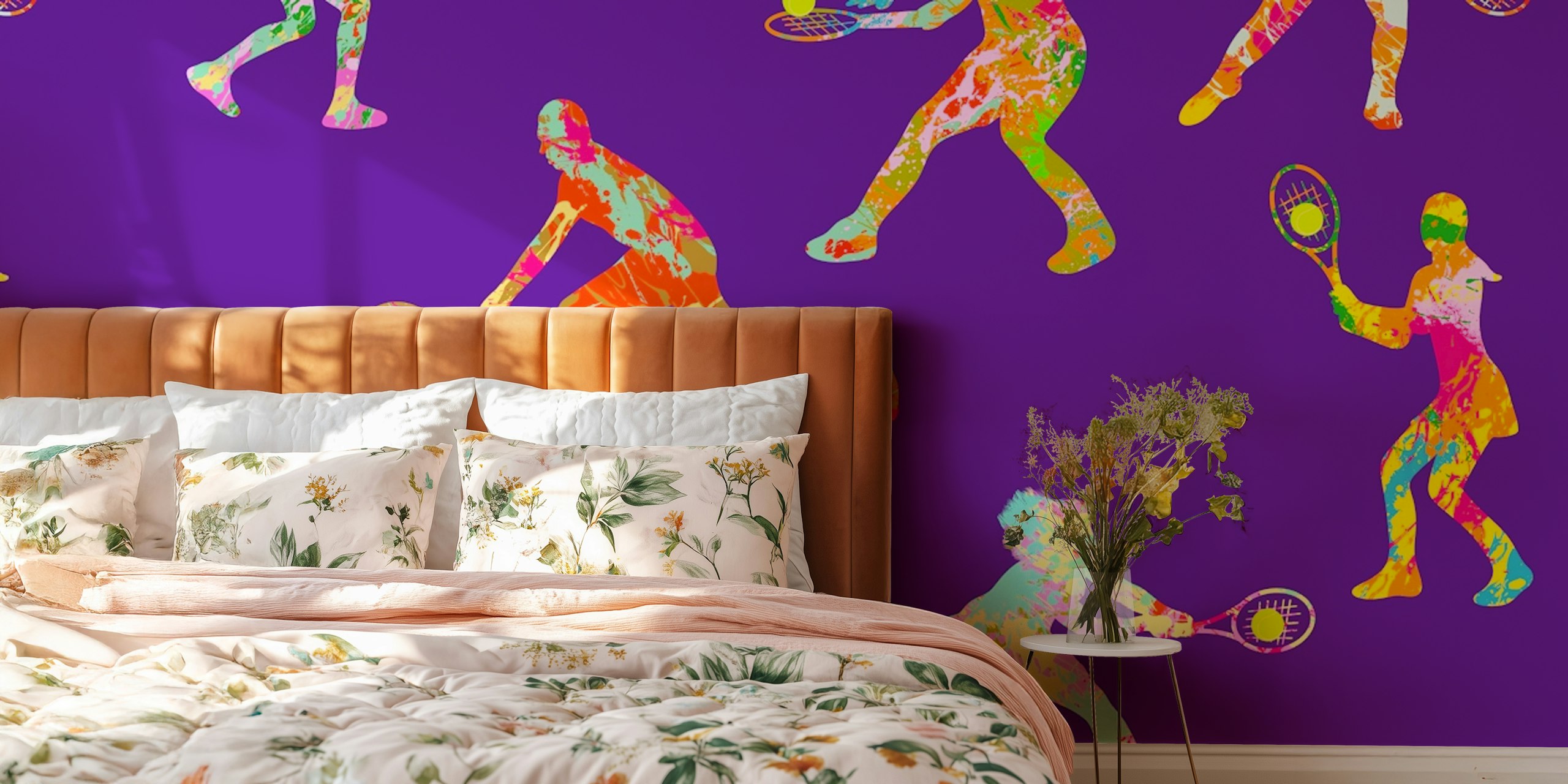 Colorful tennis players pattern wall mural on a purple background