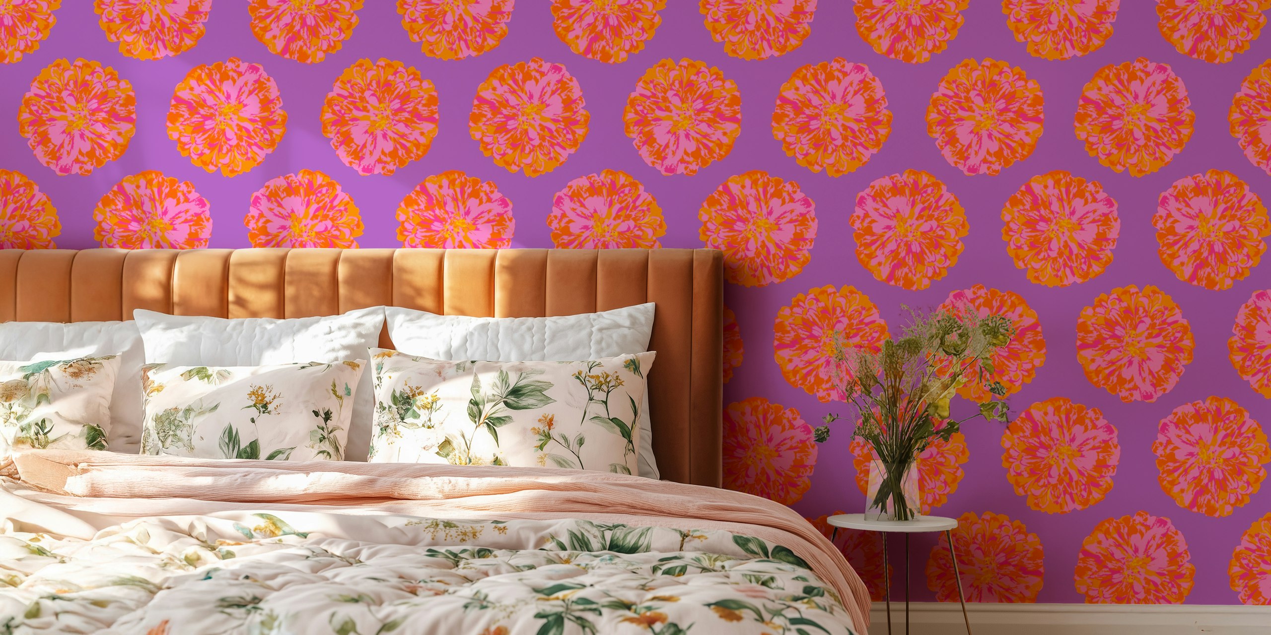 Floral wallpaper design in orange and violet
