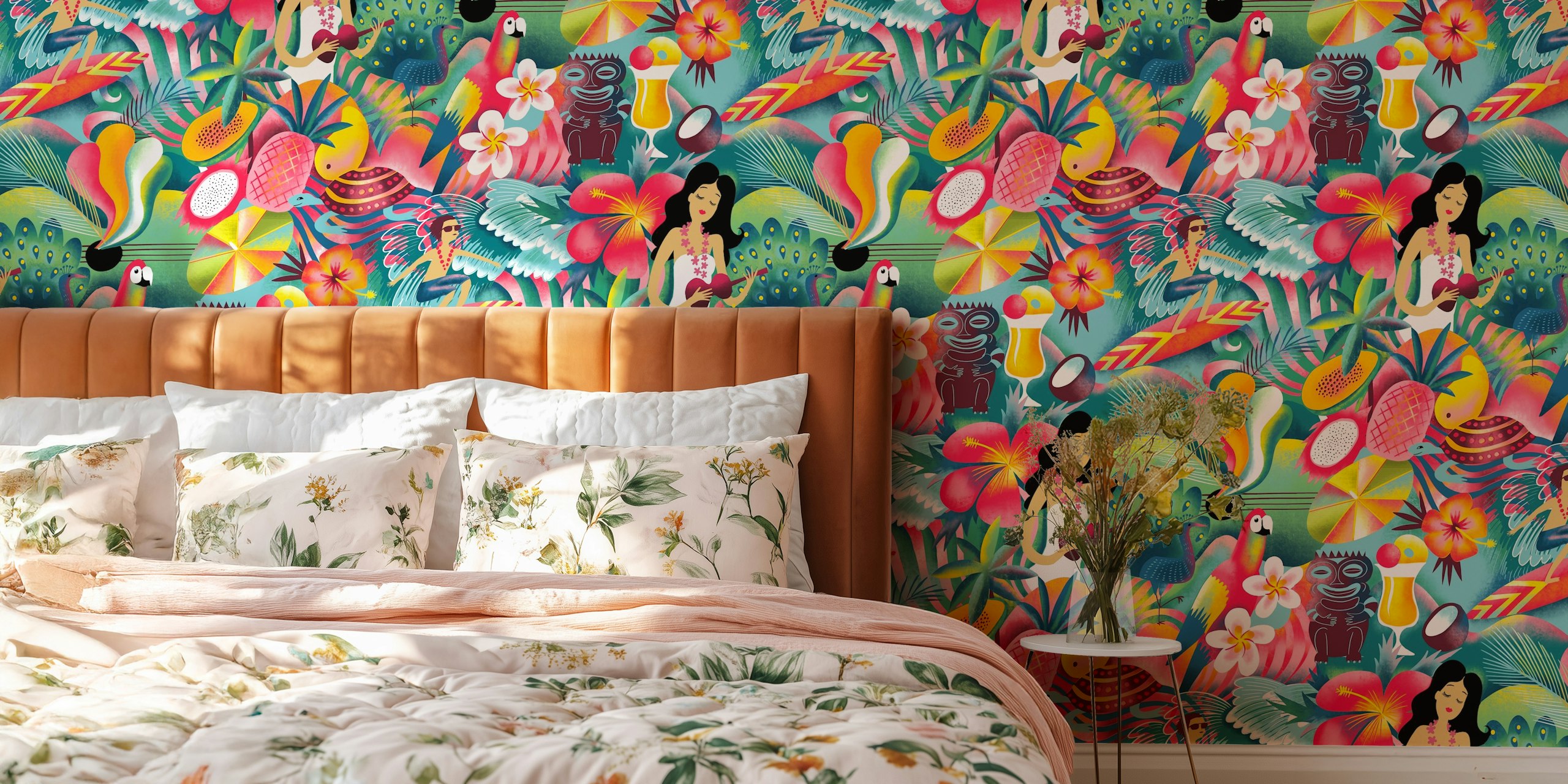 Waikiki tiki candy pop wallpaper displayed in a room