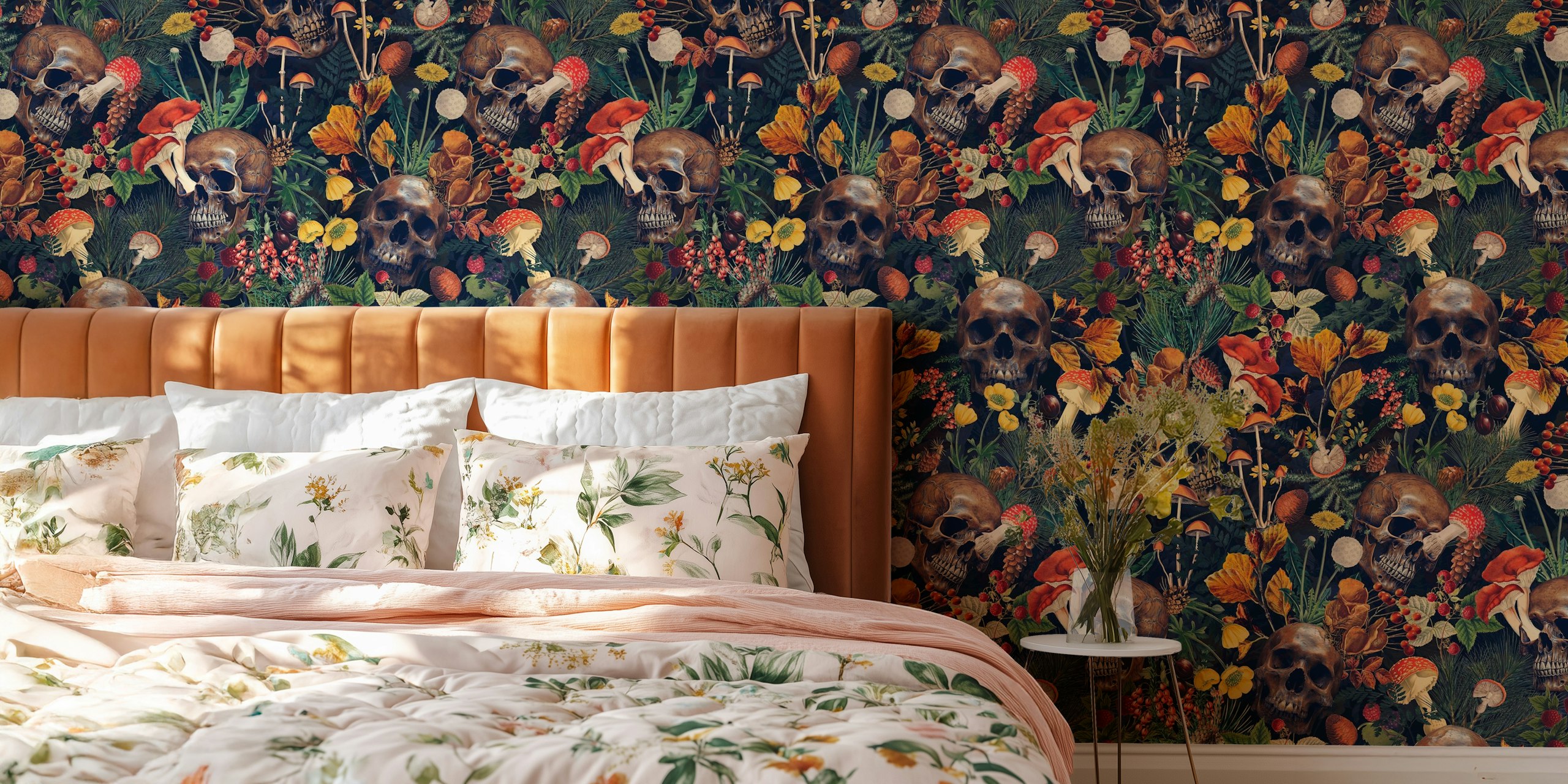Mystic Forest wallpaper with skulls and mushrooms