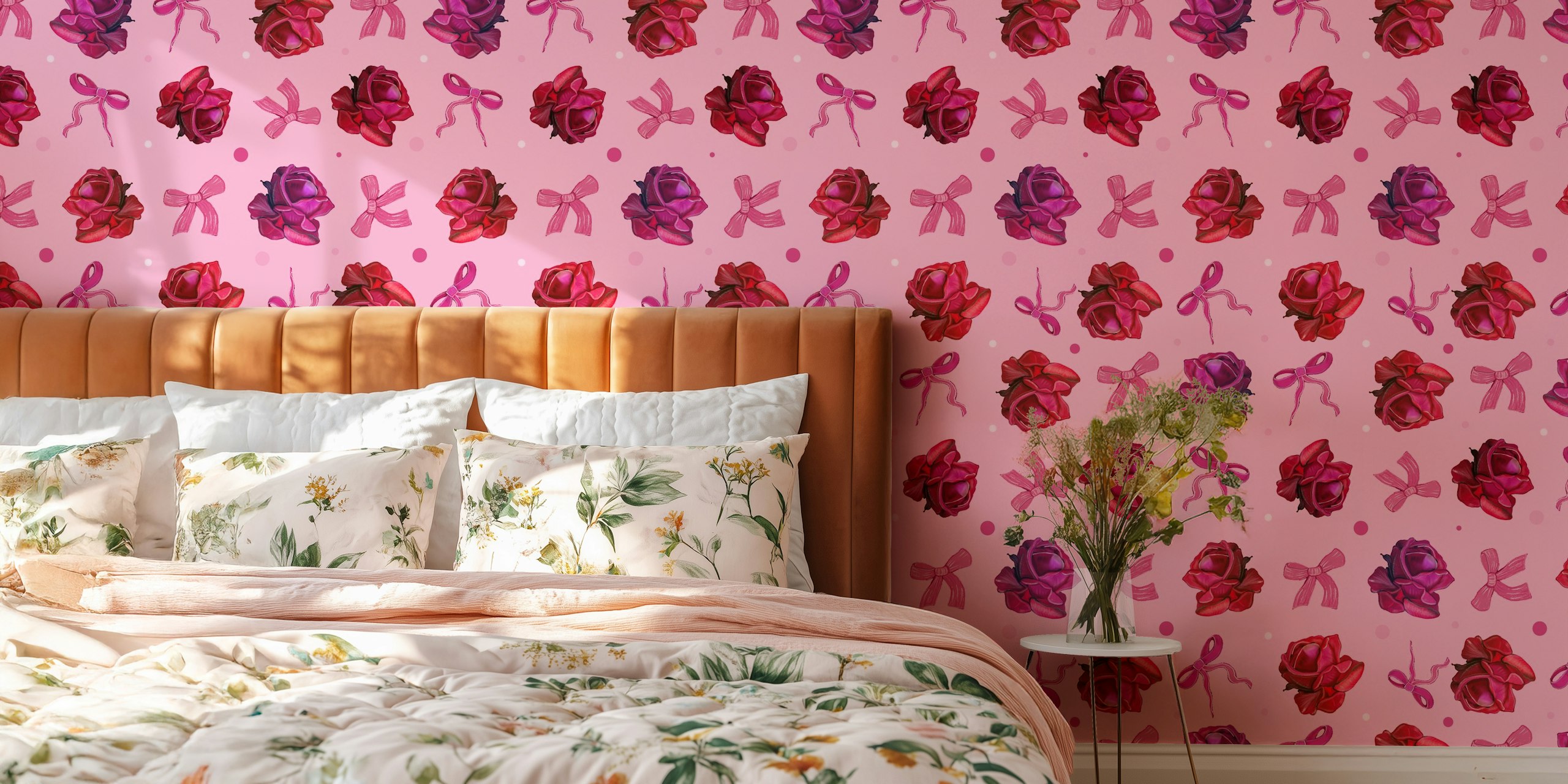 Pink roses and bow ties wallpaper pattern