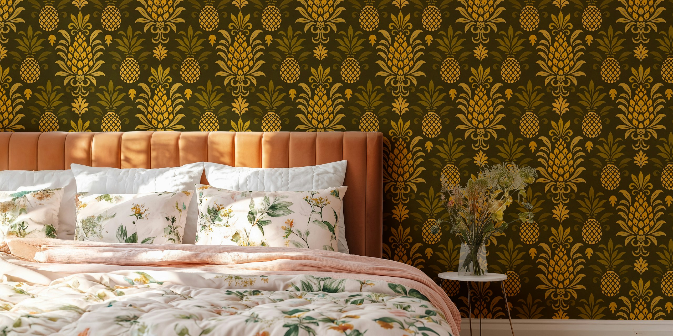 Pineapple motif in marigold brown on dark background wallpaper