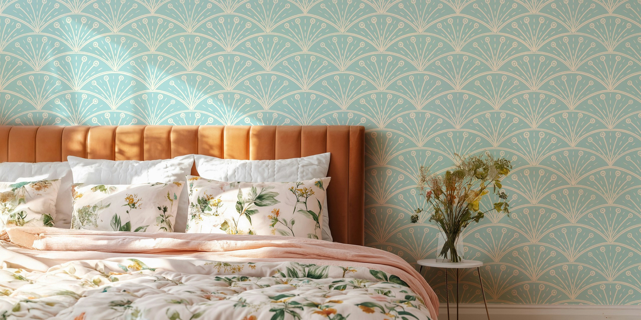 Art Deco cream scallops wallpaper in a room
