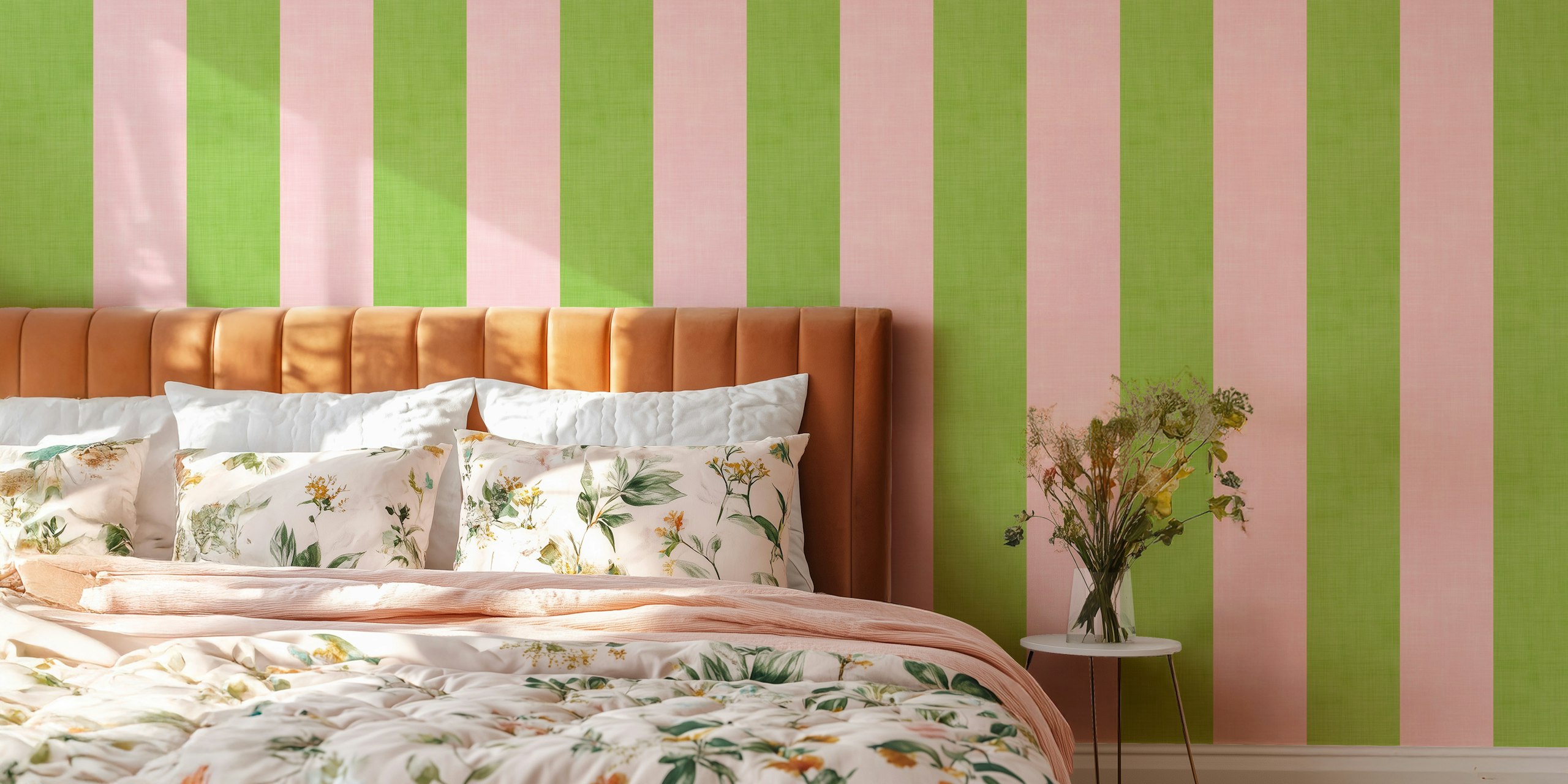 Blush pink and grass green striped wall mural